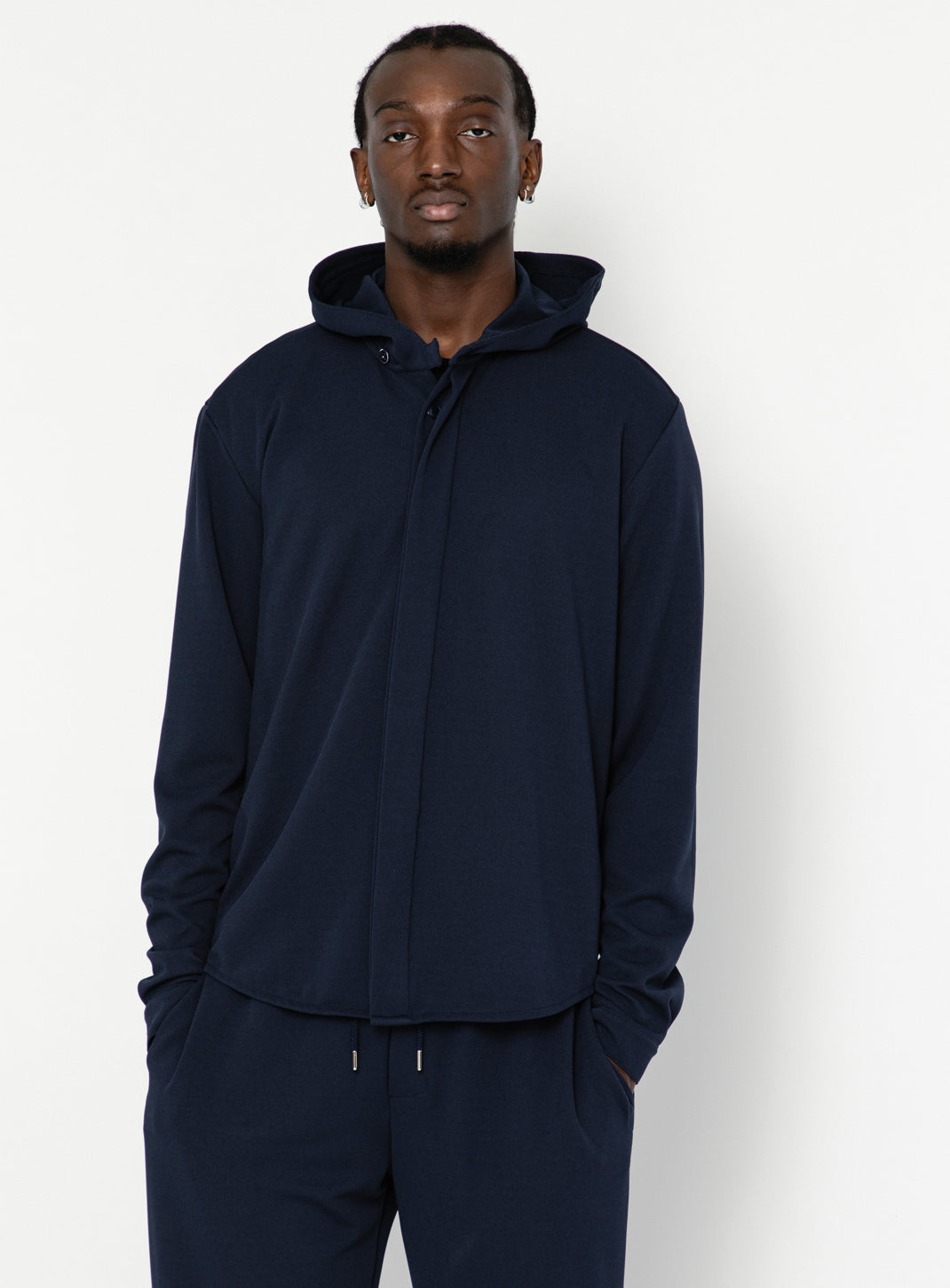 Surchemise à Capuche en Maille Piquée Bleu Marine