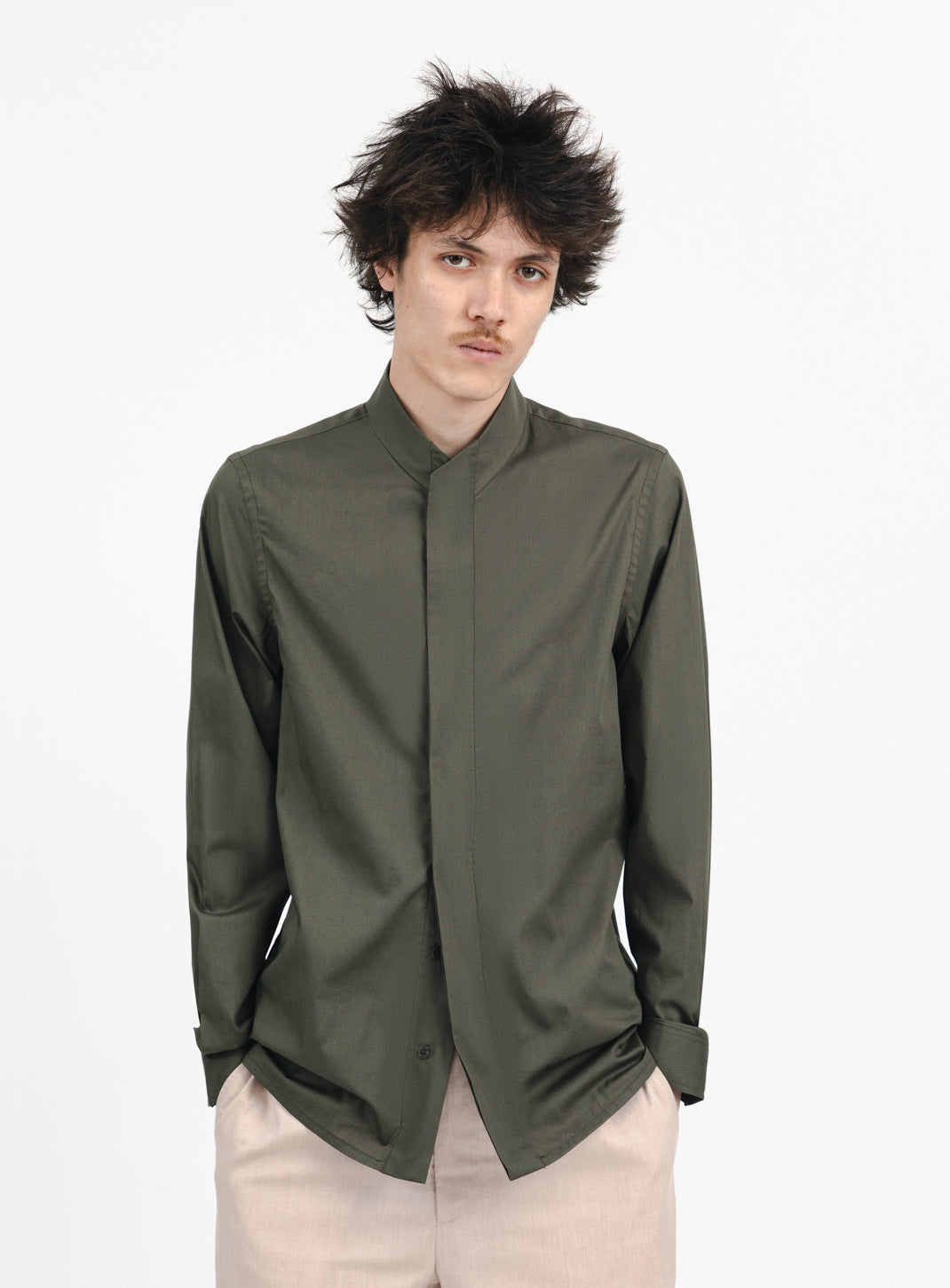 Chemise à Col Origami en Popeline Olive