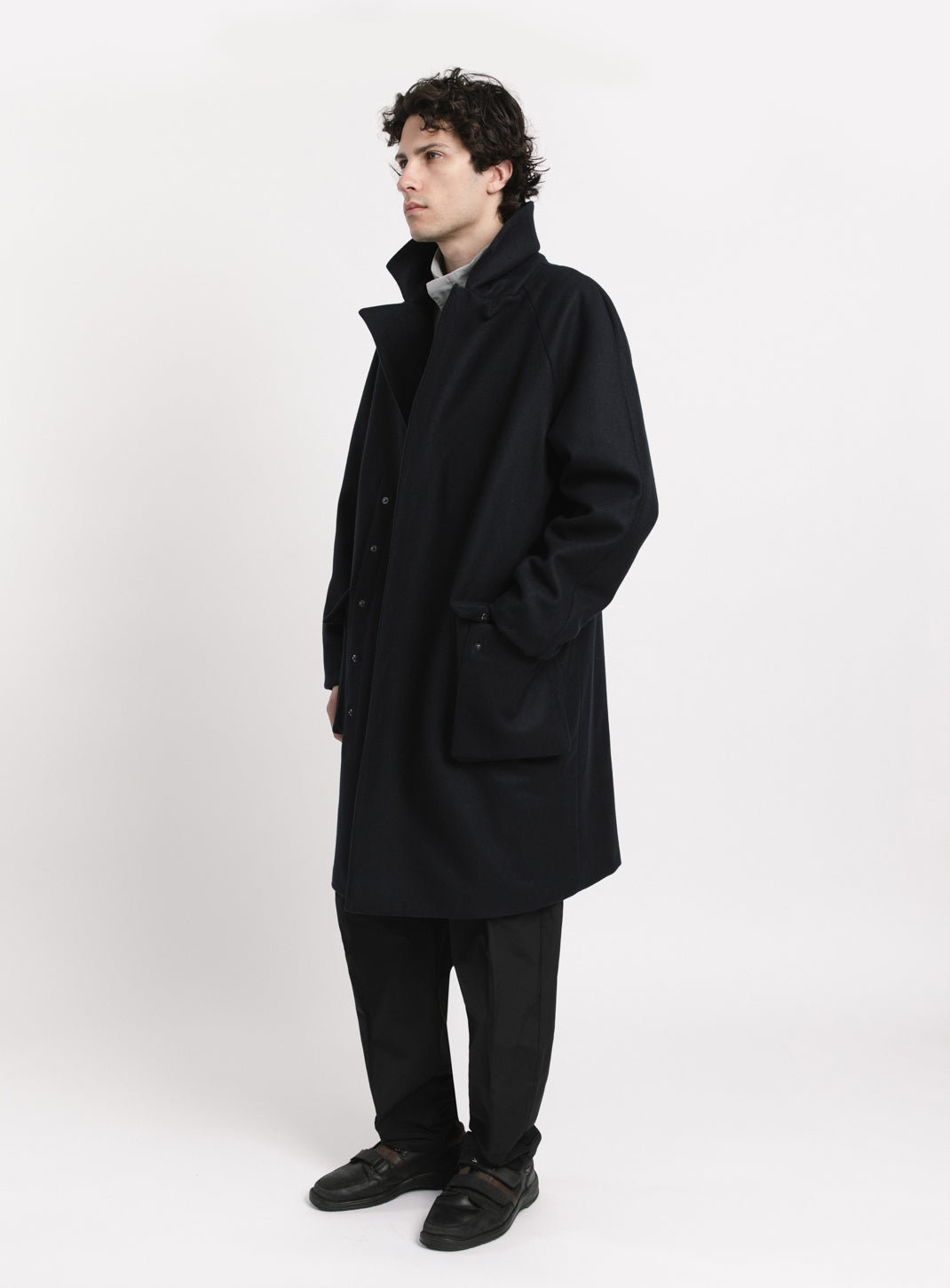 Manteau à Poches Soufflées en Drap de Laine Bleu Marine