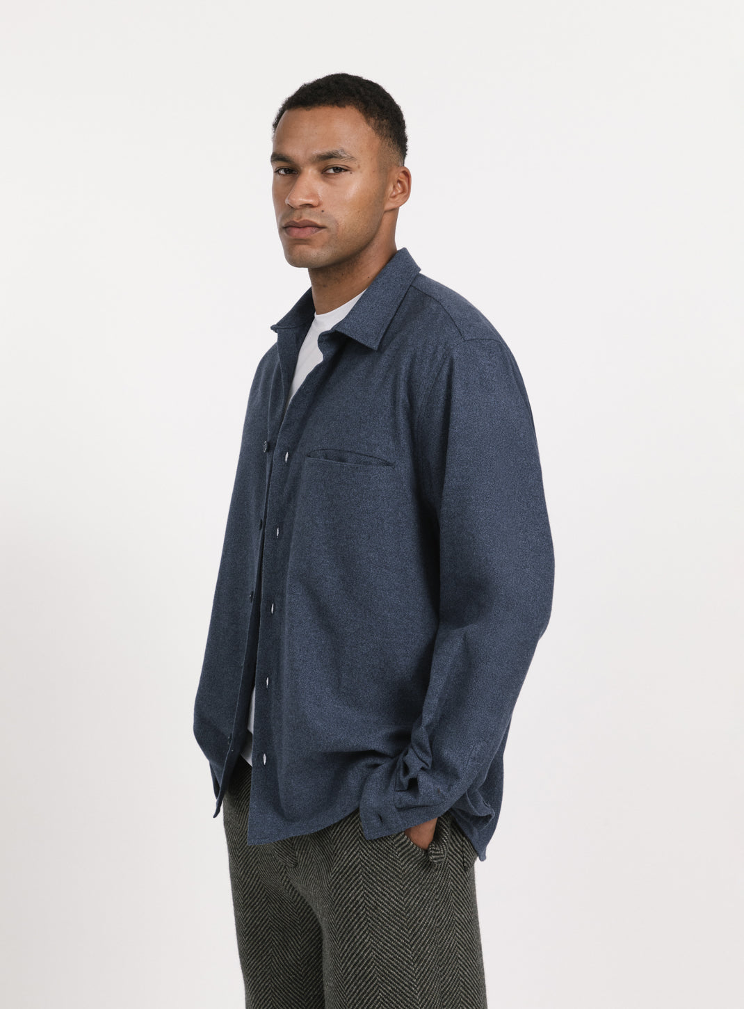 Surchemise à Poche Fendue en Flanelle de Coton Bleu Chiné
