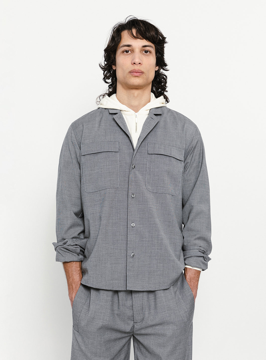 Surchemise à Col Tailleur en Fil à Fil Gris Souris