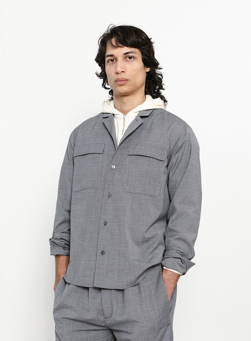 Surchemise à Col Tailleur en Fil à Fil Gris Souris