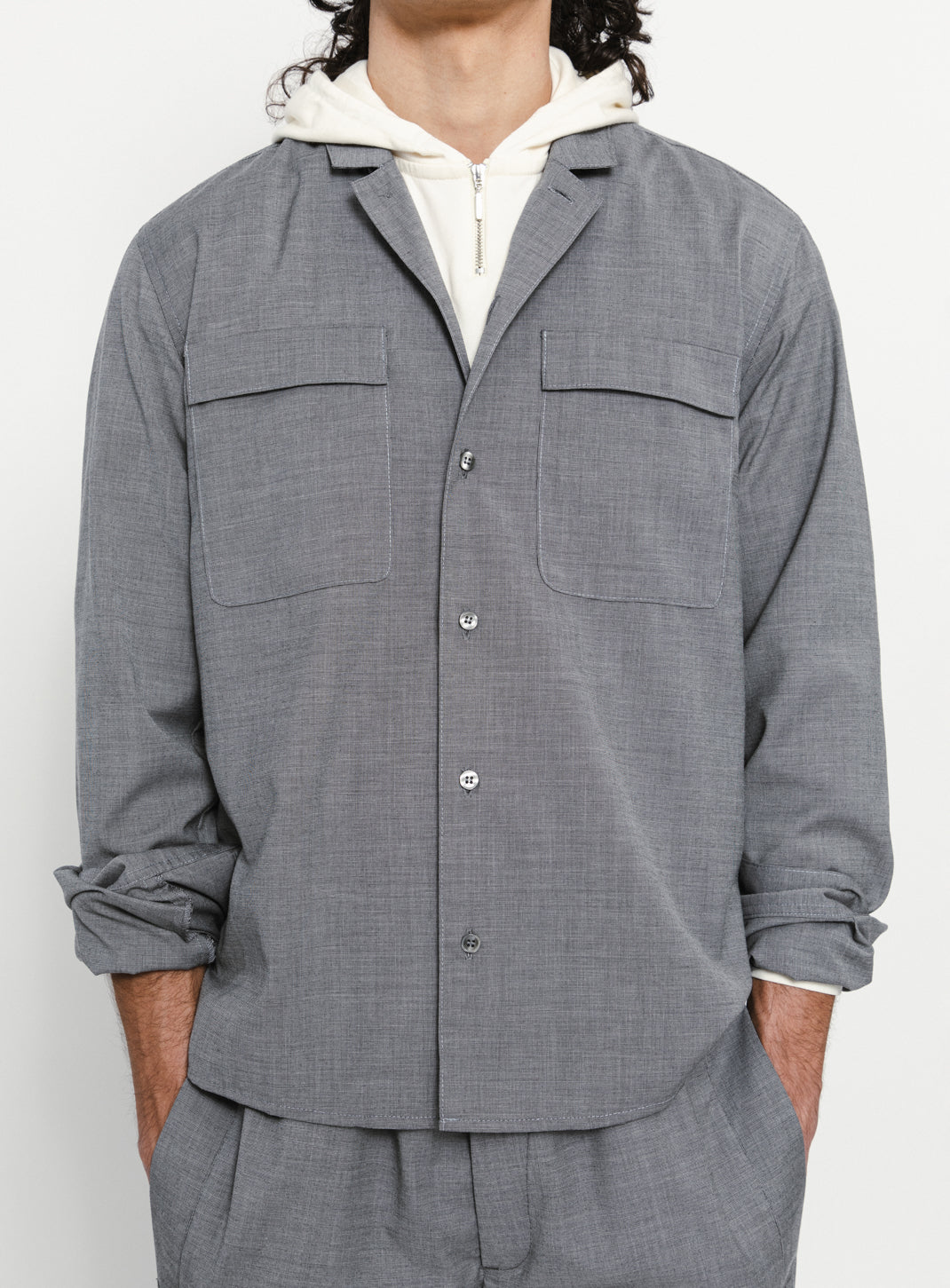 Surchemise à Col Tailleur en Fil à Fil Gris Souris
