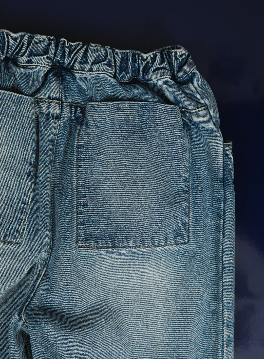 Pantalon 5 Poches à Taille Elastiquée en Denim Bleu Used