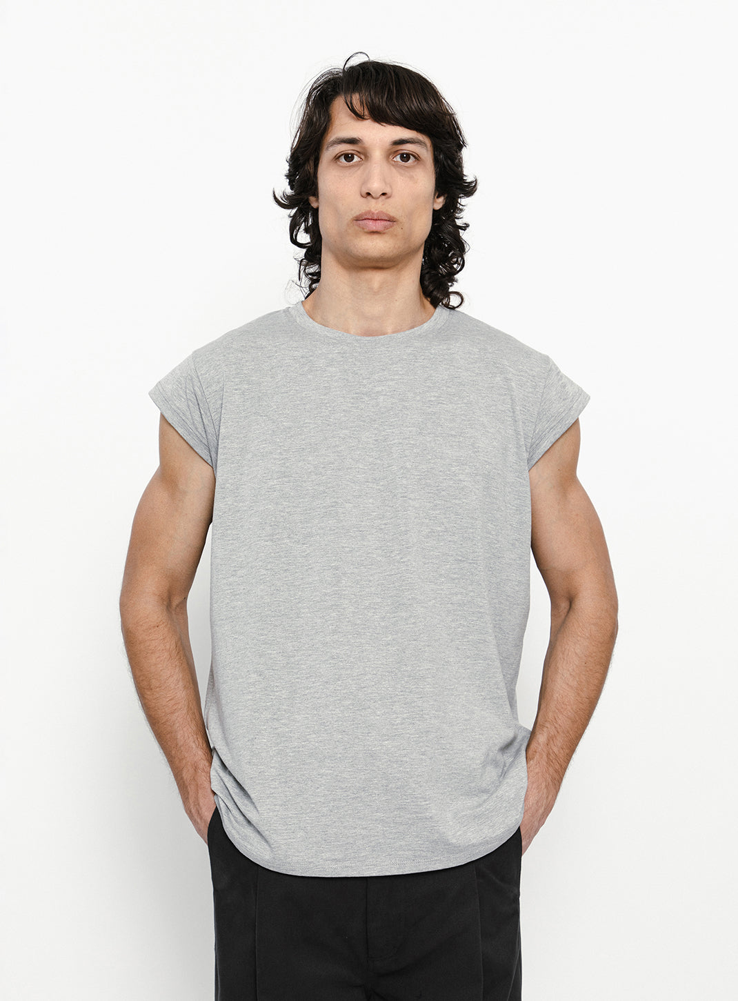 T-Shirt Sans Manches en Coton & Elasthanne Gris Chiné
