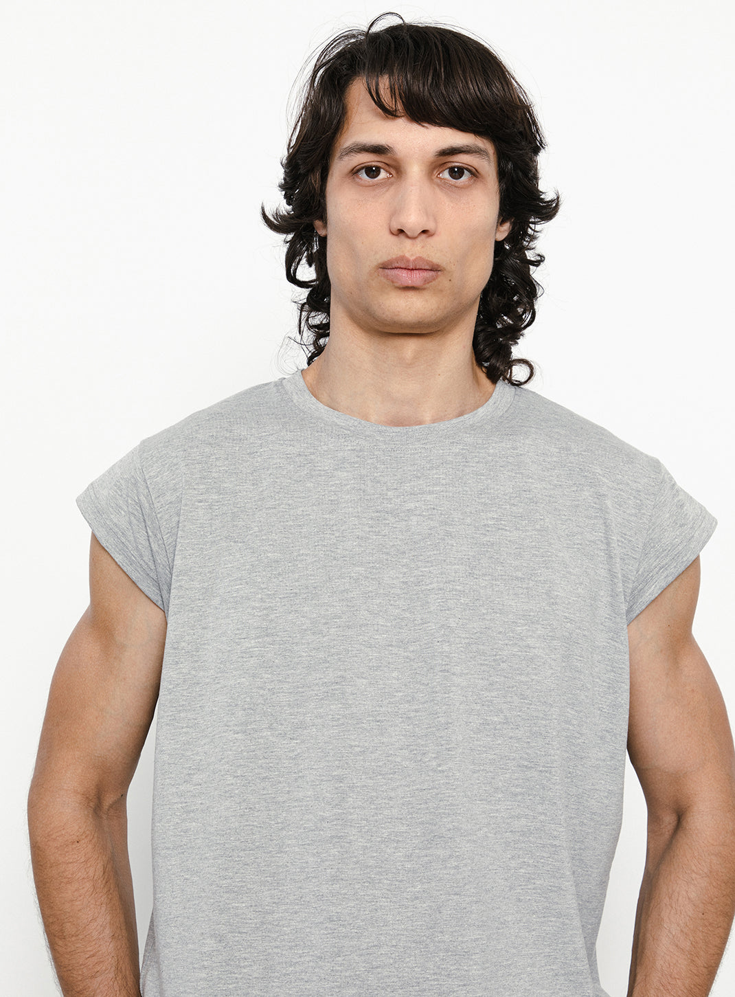 T-Shirt Sans Manches en Coton & Elasthanne Gris Chiné
