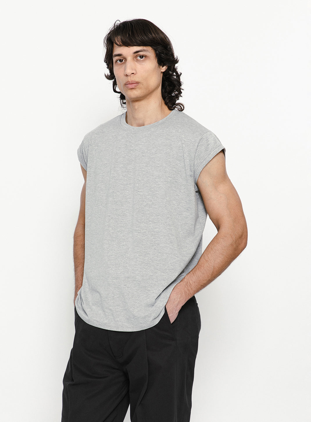 T-Shirt Sans Manches en Coton & Elasthanne Gris Chiné