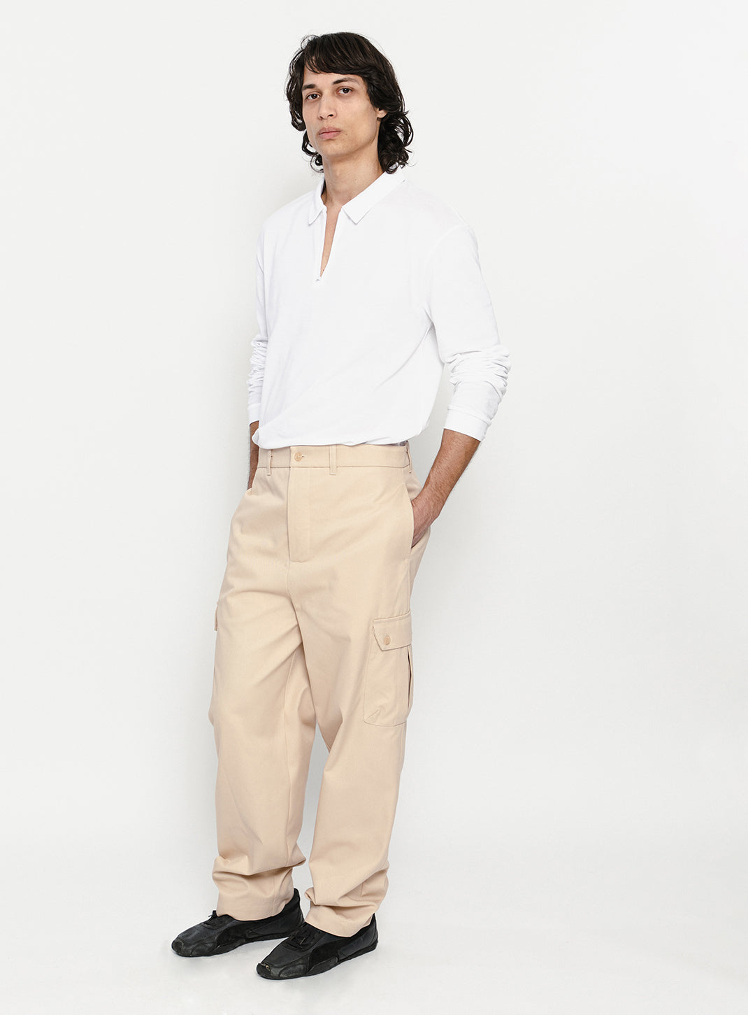 Pantalon Cargo en Gabardine de Coton Ecru