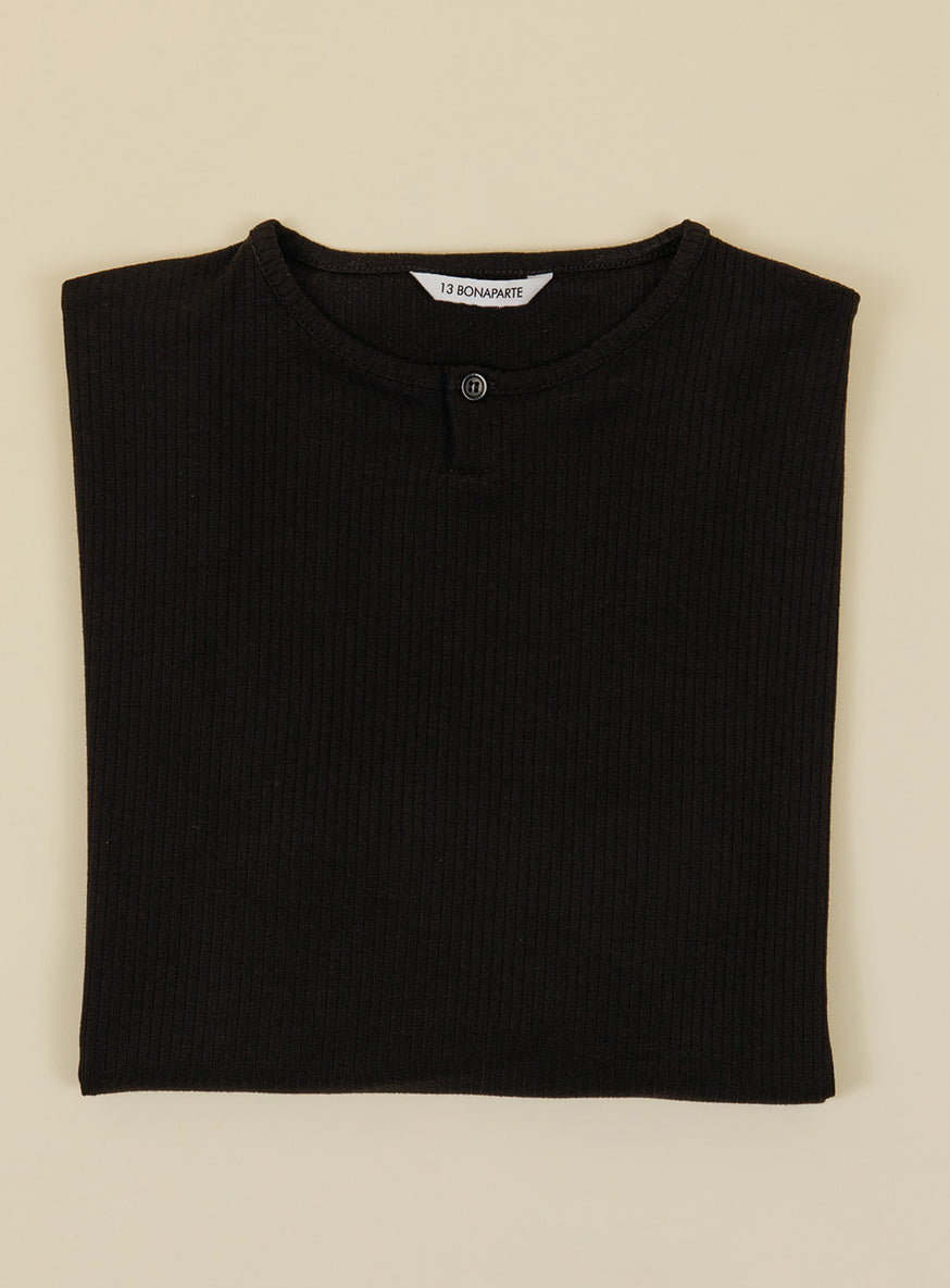 1 Button T-Shirt in Black Ribbed Jersey