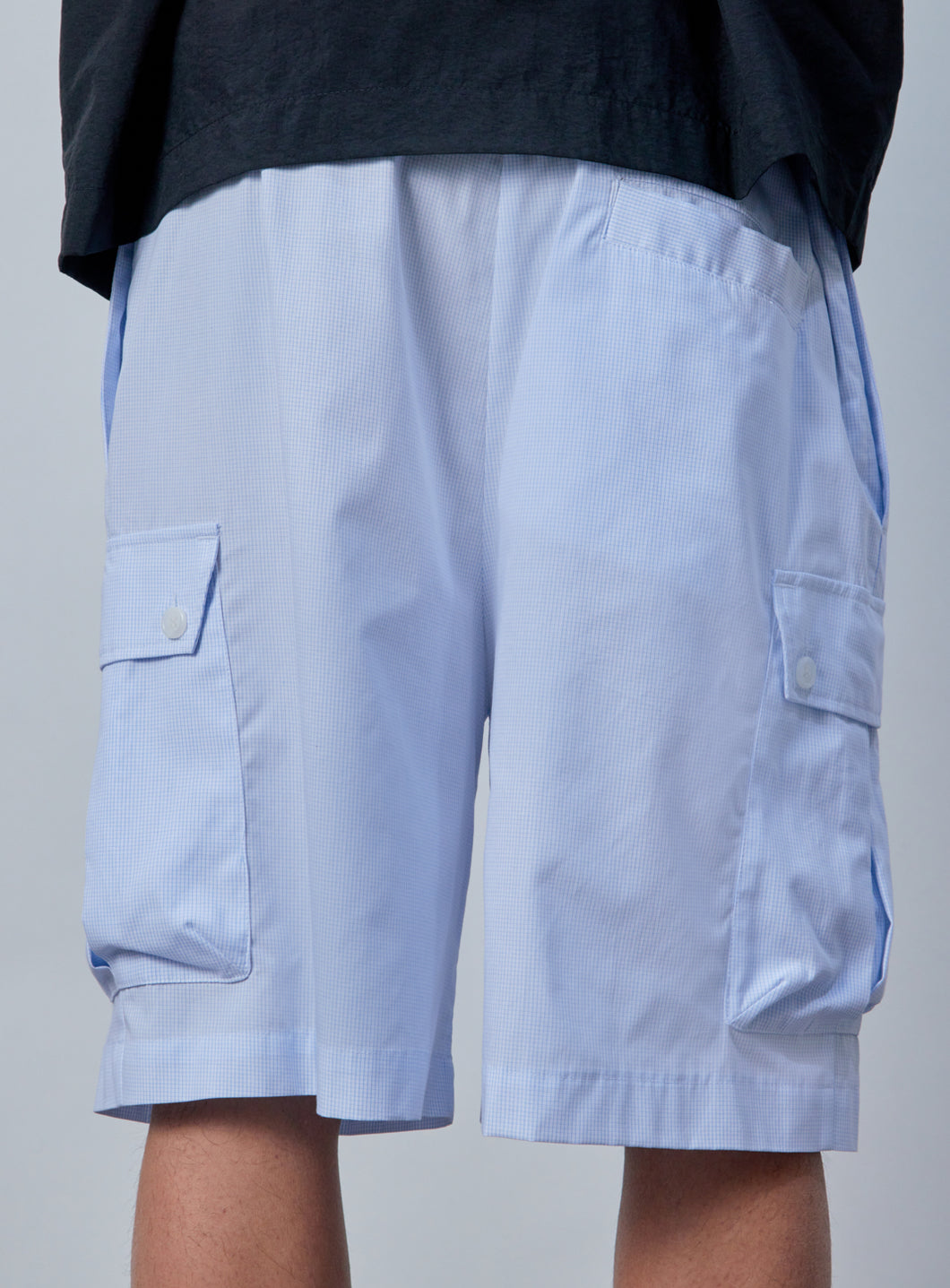 Bermuda Pants with Envelope Pockets in White Poplin with Sky Blue Mini Checks