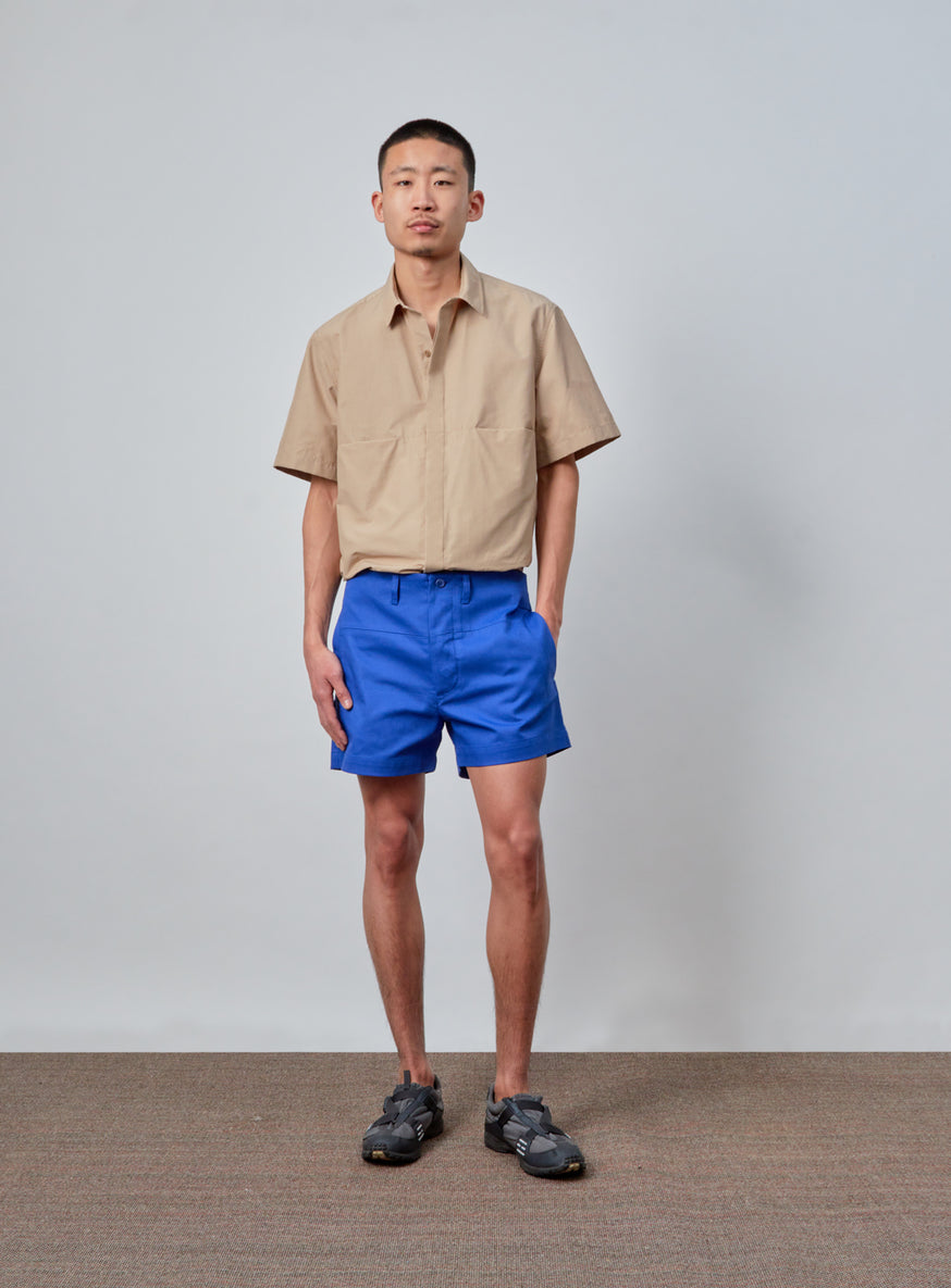 Shorts with Large Waist Belt in Electric Blue Cotton Gabardine