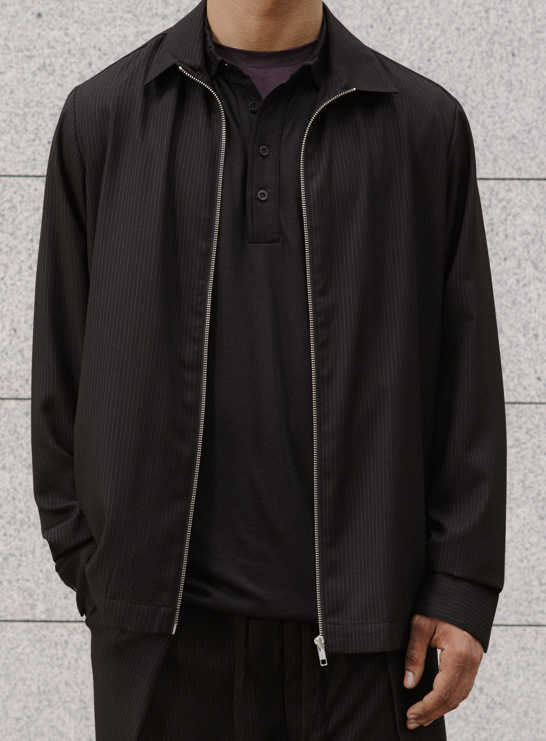 Zipped Overshirt with Notched Pockets in Black Fine Stripe Serge