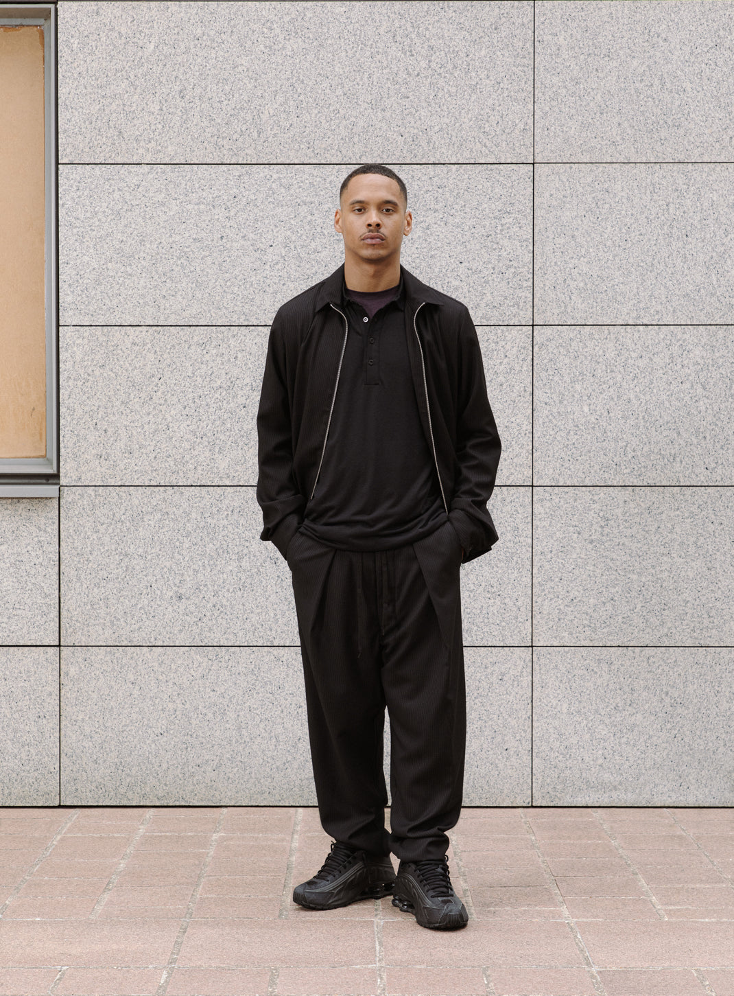 Zipped Overshirt with Notched Pockets in Black Fine Stripe Serge