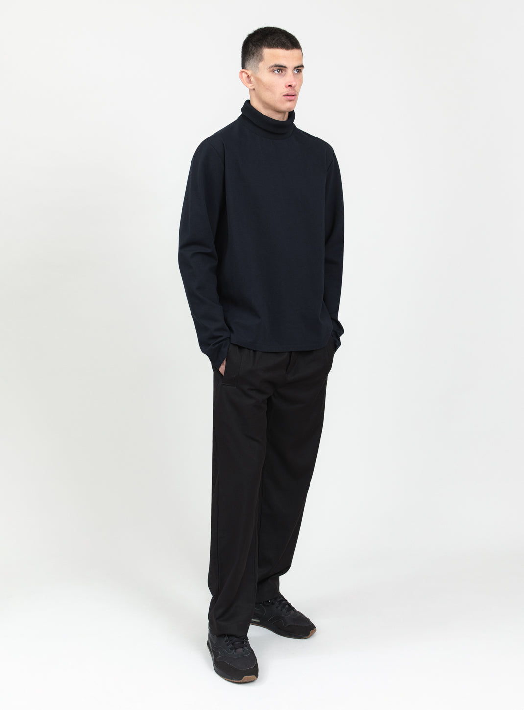Ribbed High Neck Sweatshirt in Navy Blue Technical Knit