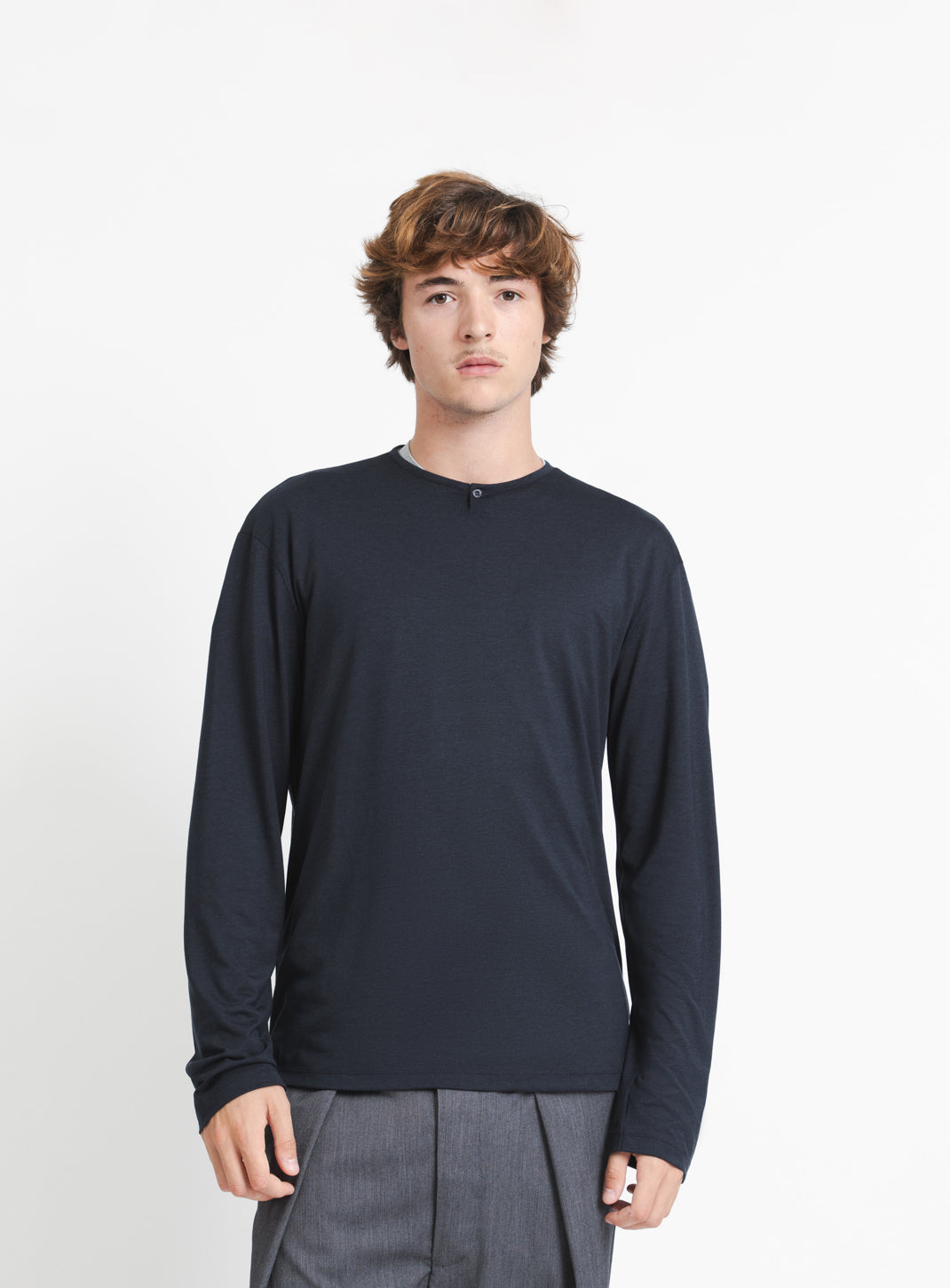 1 Button T-Shirt in Navy Blue Eucalyptus & Cotton