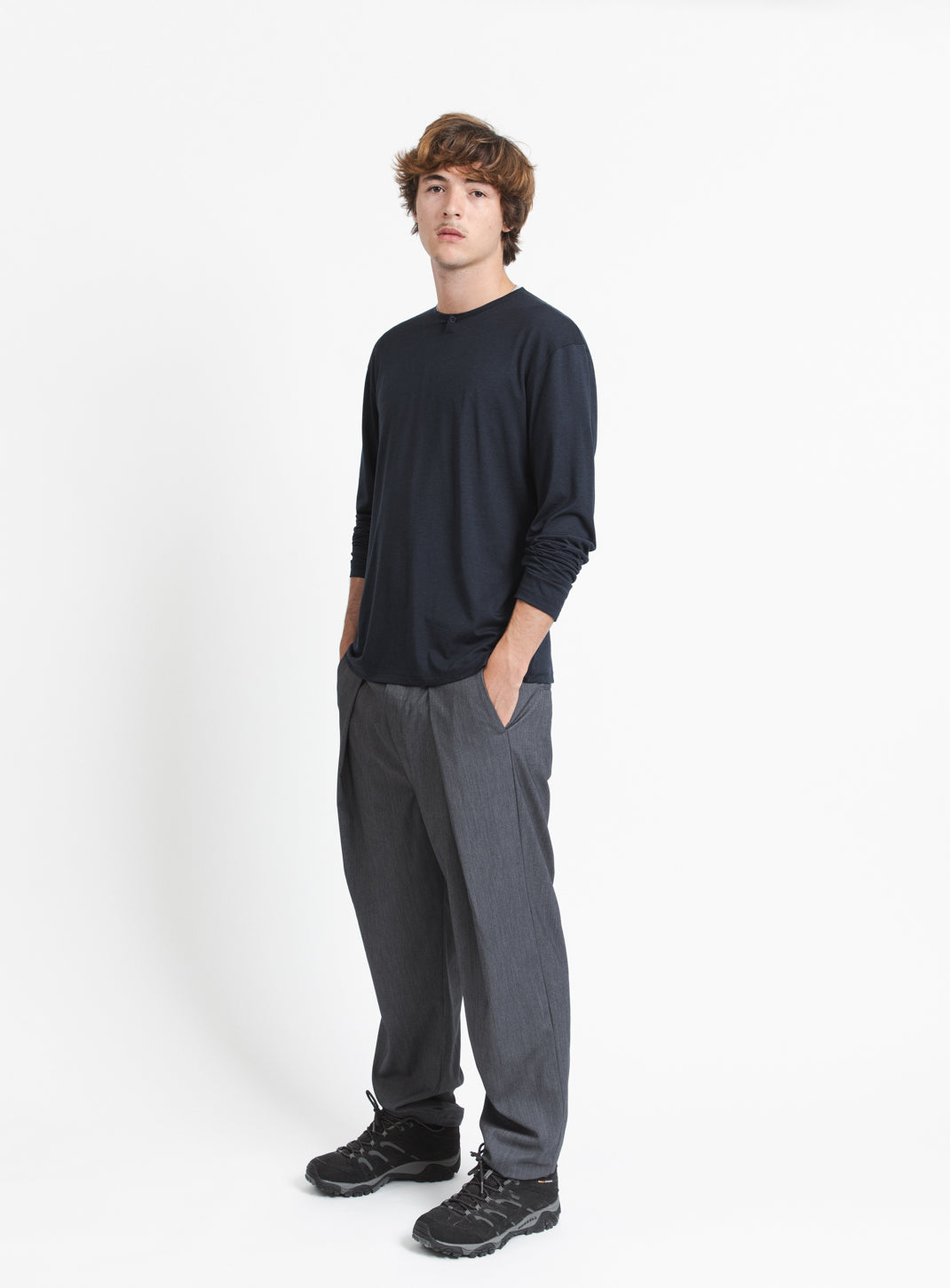 Elastic Waist Pants with Deep Pleats in Dark Grey Serge