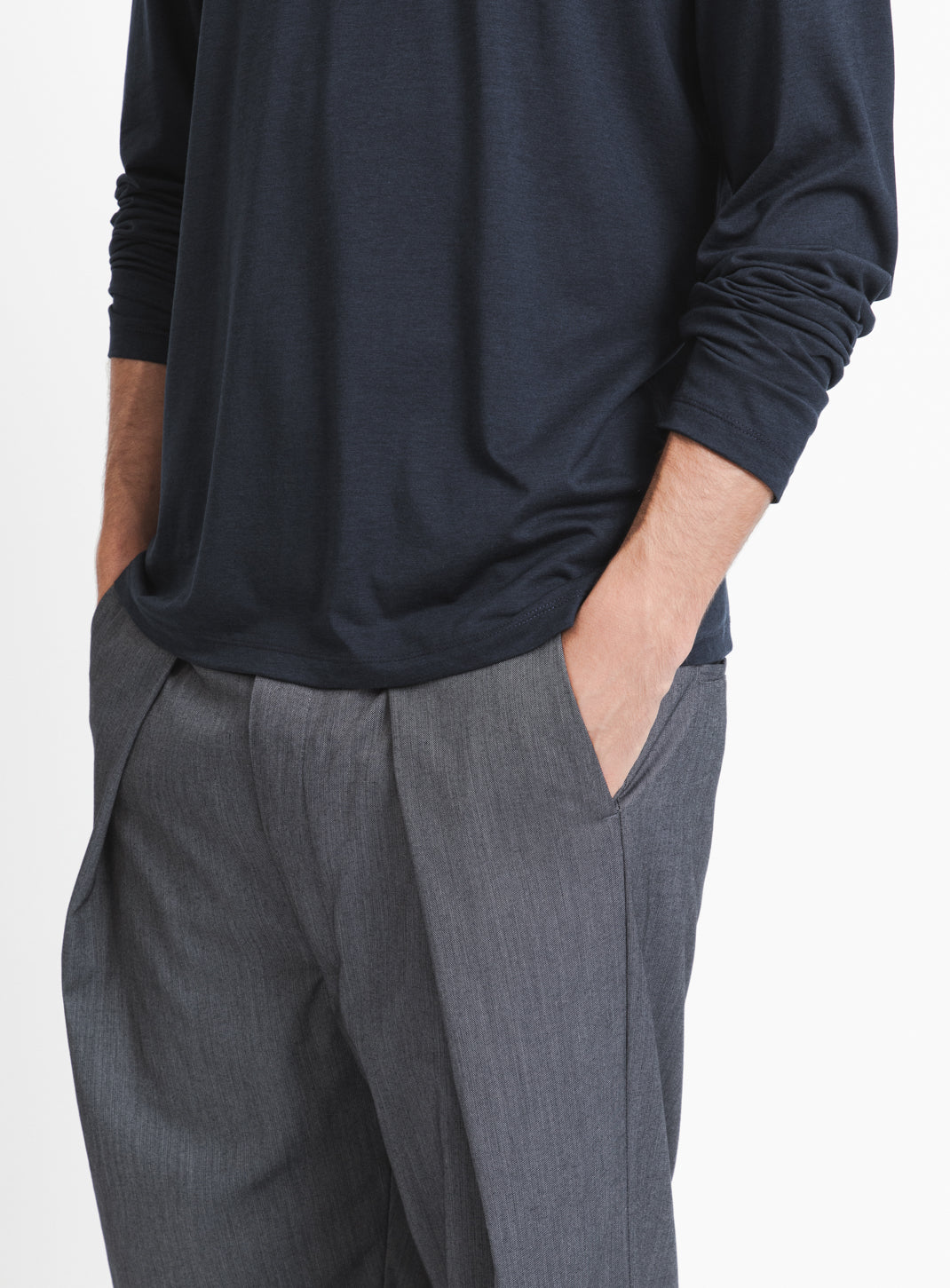 Elastic Waist Pants with Deep Pleats in Dark Grey Serge