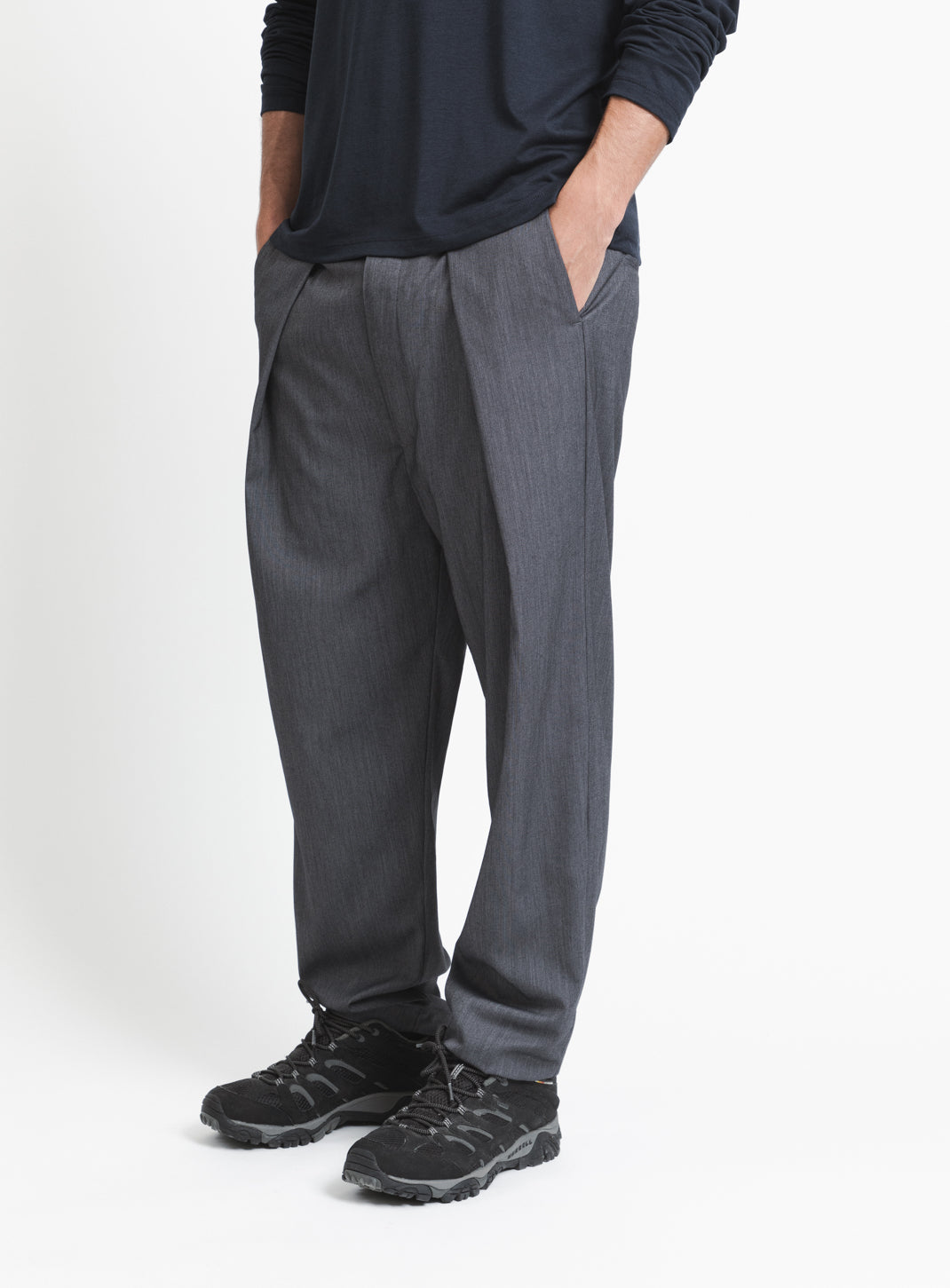 Elastic Waist Pants with Deep Pleats in Dark Grey Serge