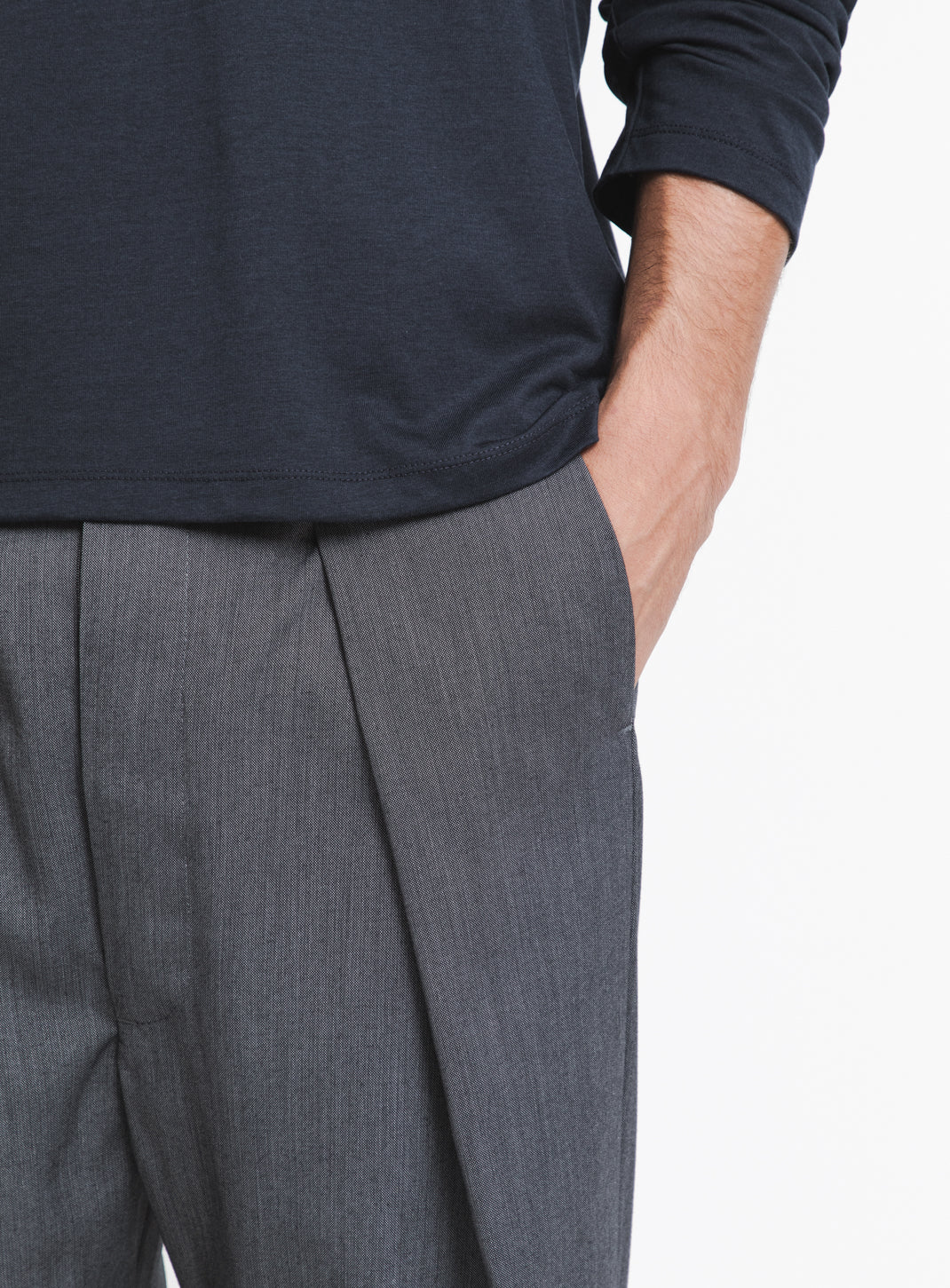 Elastic Waist Pants with Deep Pleats in Dark Grey Serge