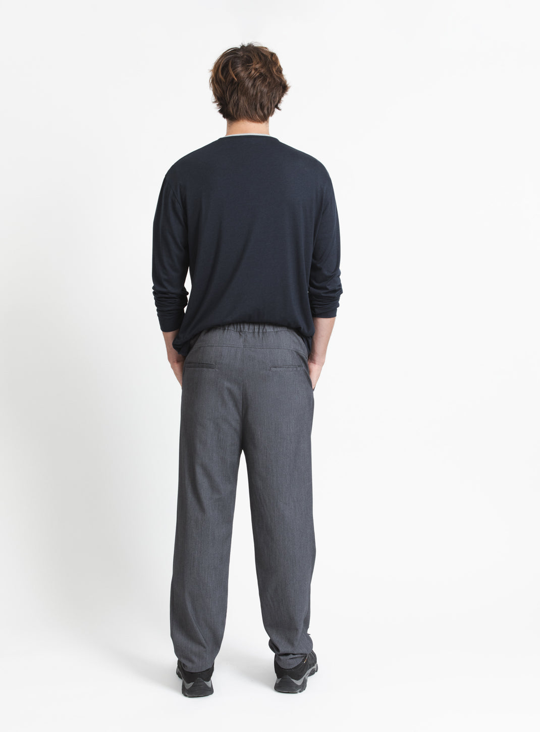 Elastic Waist Pants with Deep Pleats in Dark Grey Serge