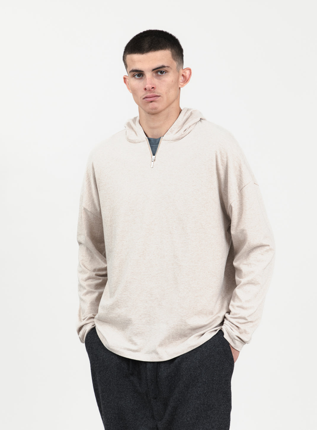 Hooded T-Shirt in Heather Beige Cotton & Elastane