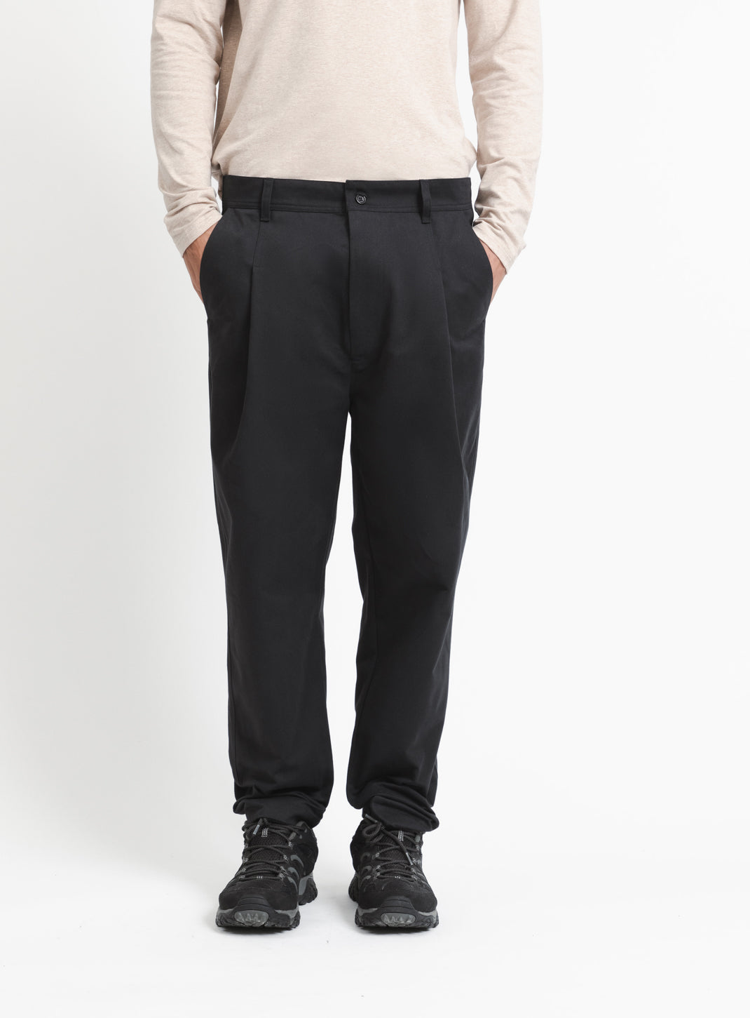 Large Pleated Pants in Navy Blue Cotton Gabardine