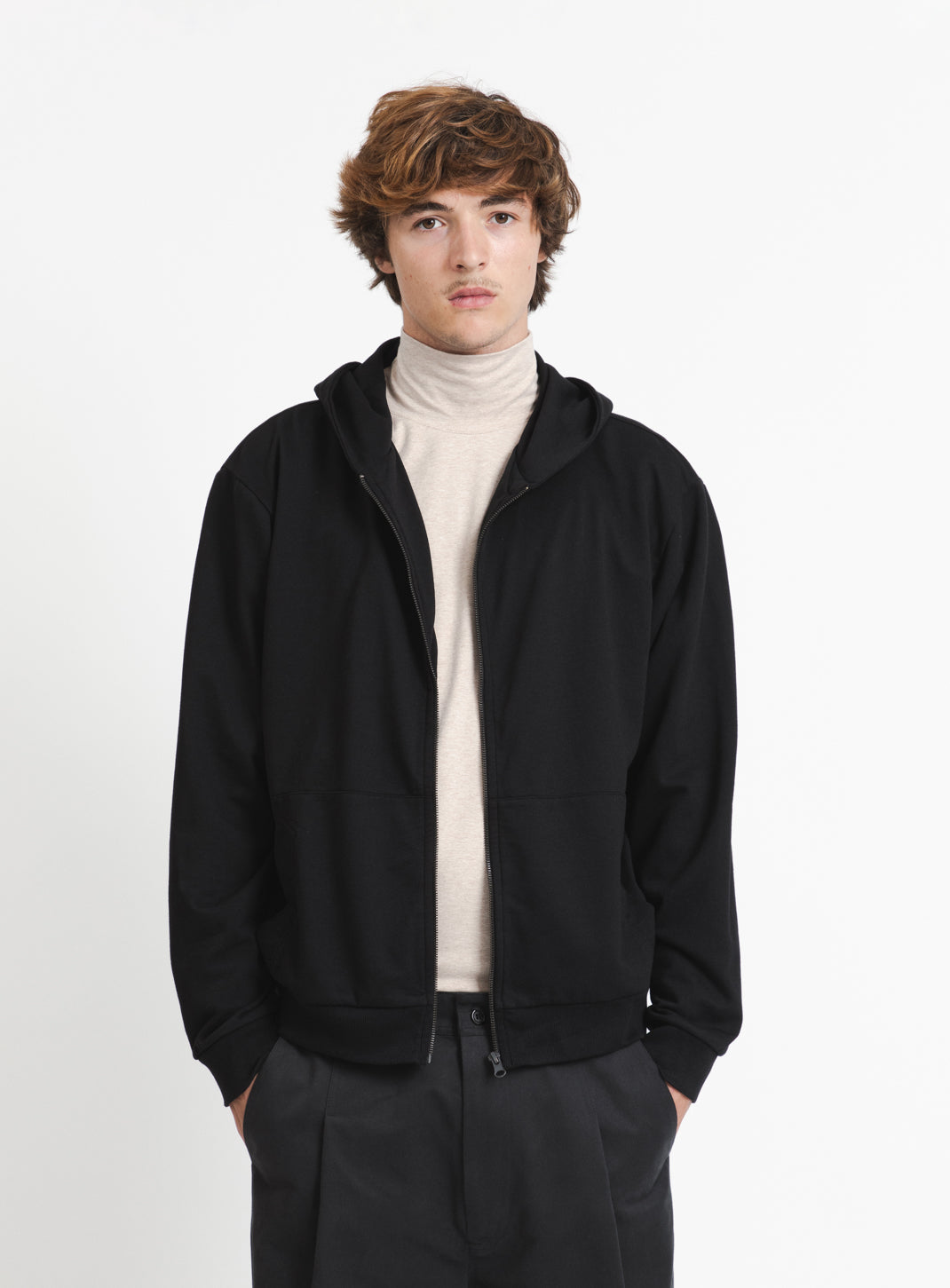 Hooded Cardigan with Notched Pockets in Black Fleece