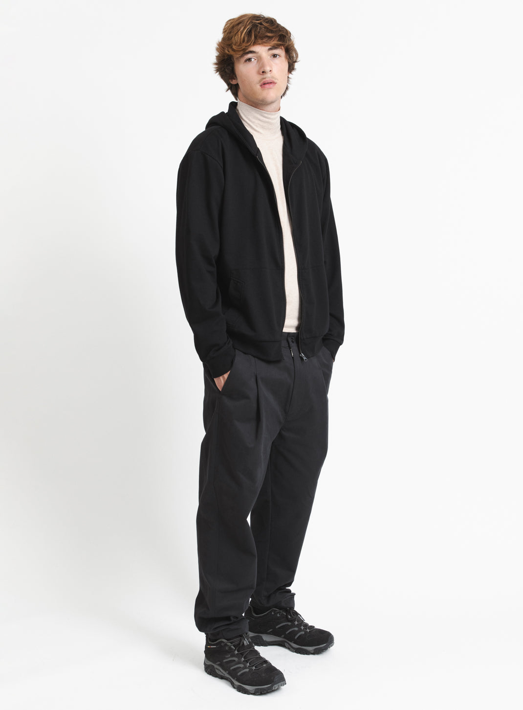 Hooded Cardigan with Notched Pockets in Black Fleece