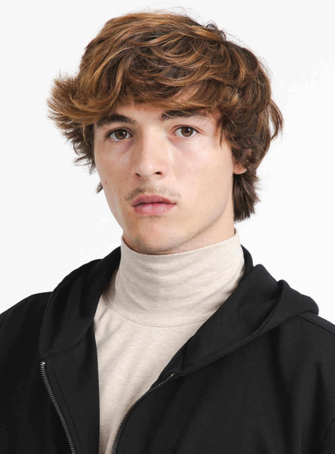 Hooded Cardigan with Notched Pockets in Black Fleece