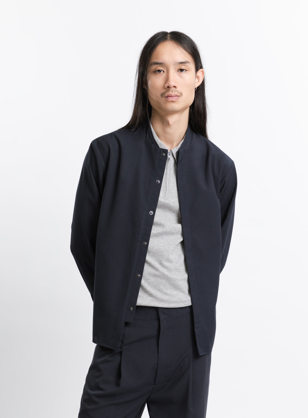 Bomber Collar Overshirt in Navy Blue Serge