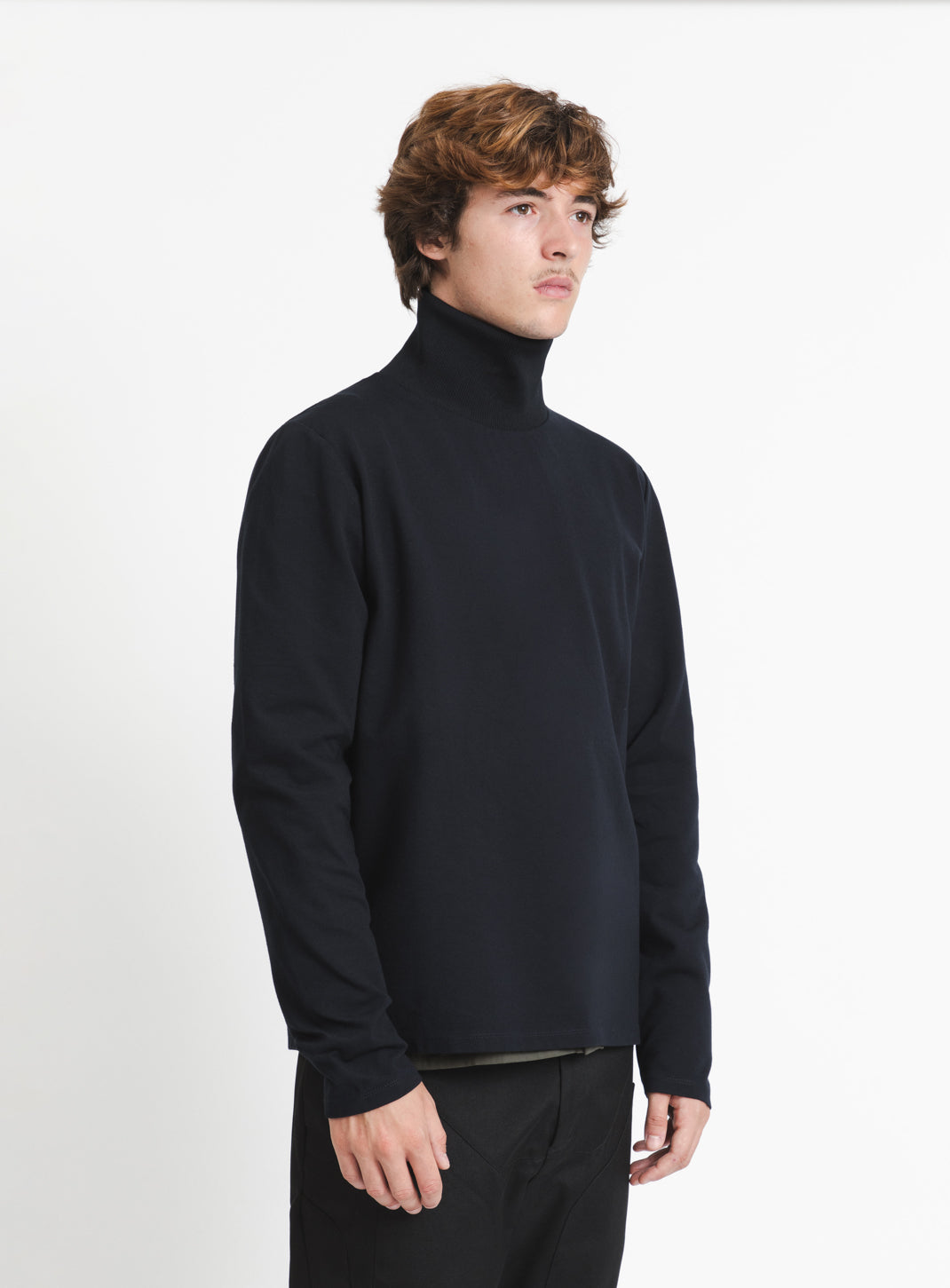 Ribbed High Neck Sweatshirt in Navy Blue Technical Knit