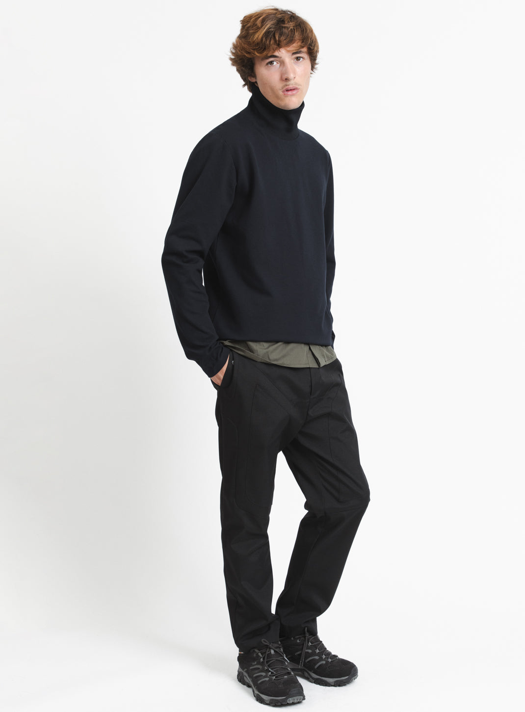 Ribbed High Neck Sweatshirt in Navy Blue Technical Knit