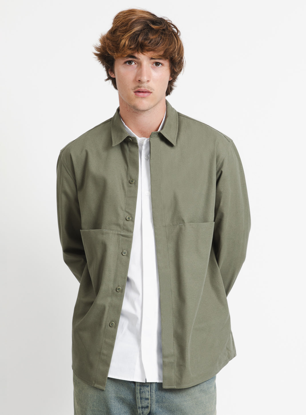 Overshirt with Front Cuts in Olive Canvas