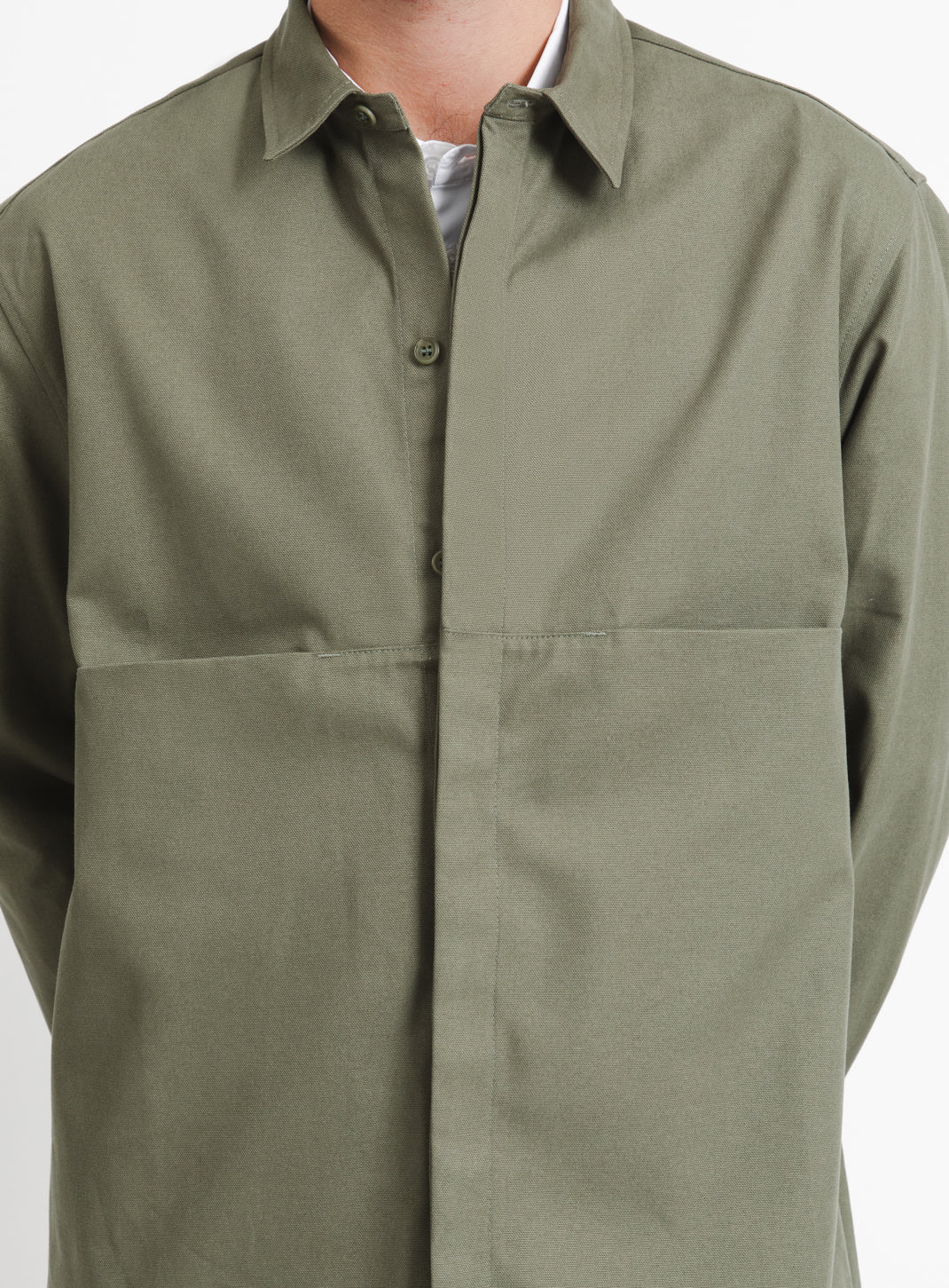 Overshirt with Front Cuts in Olive Canvas