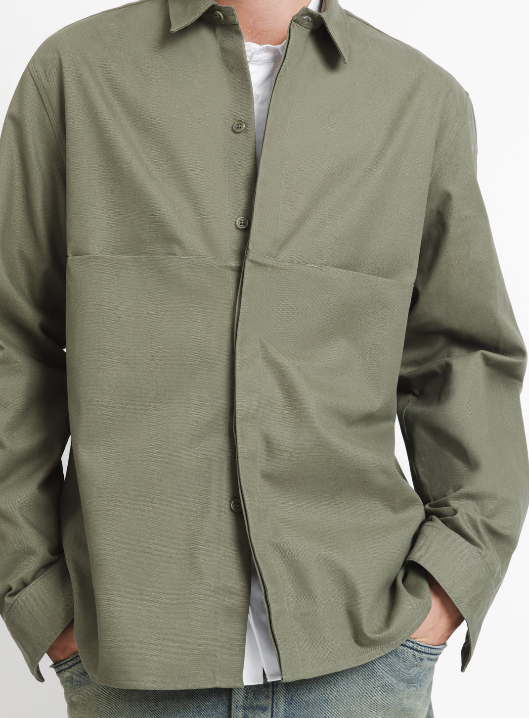 Overshirt with Front Cuts in Olive Canvas