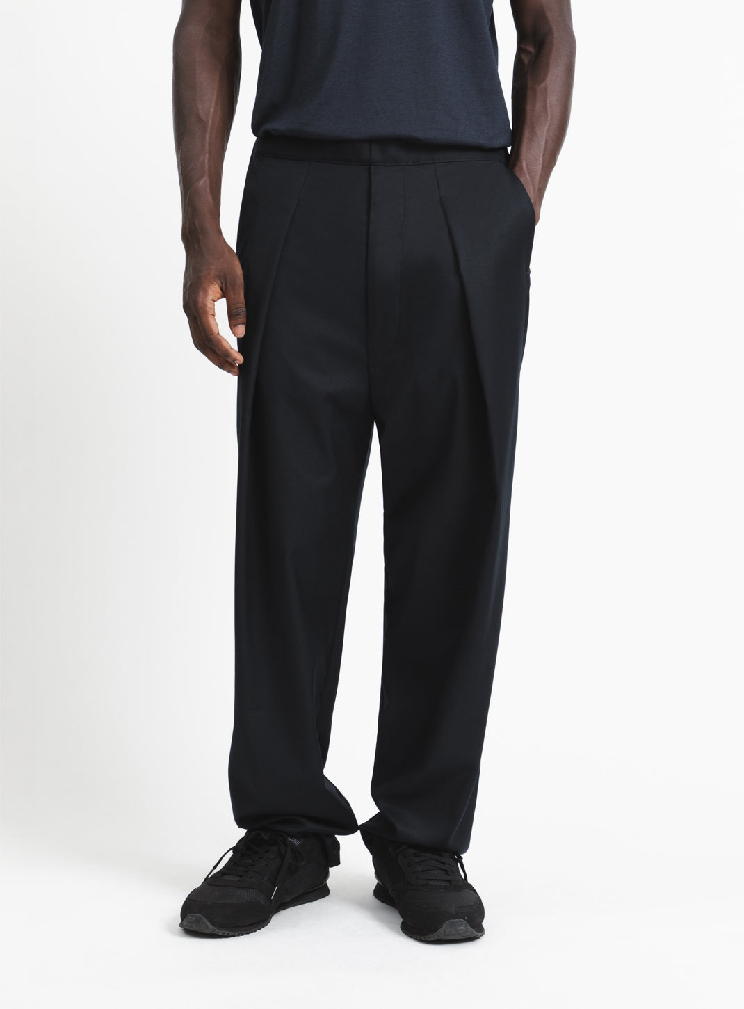 Elastic Waist Pants with Deep Pleats in Navy Blue Serge
