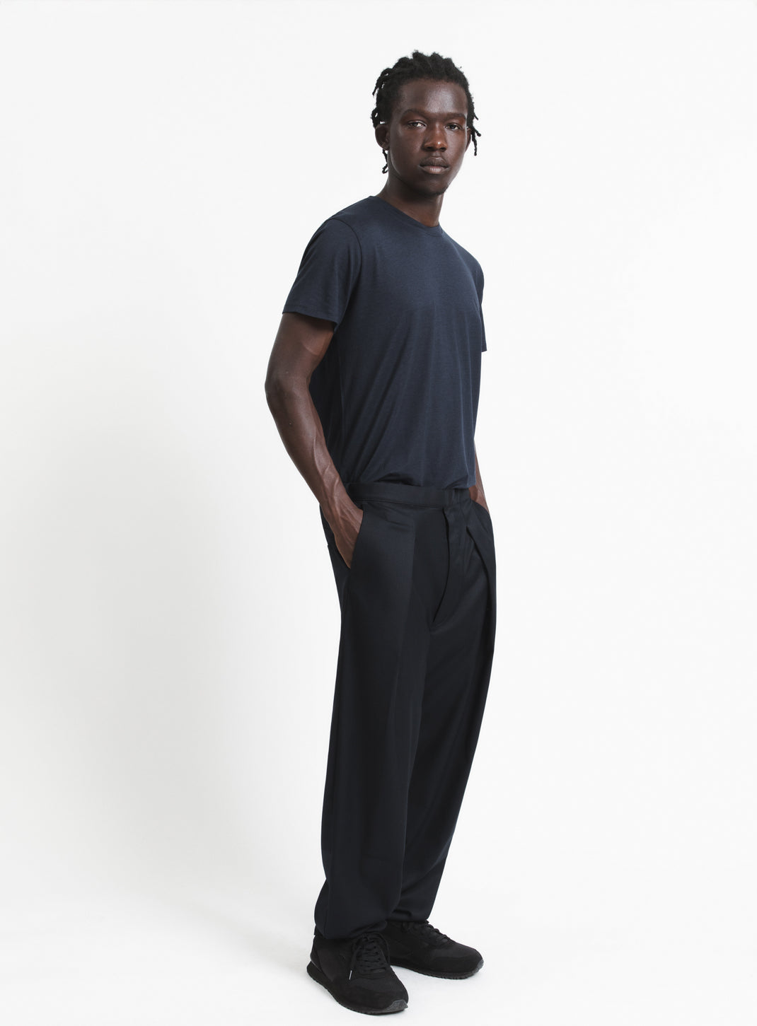 Elastic Waist Pants with Deep Pleats in Navy Blue Serge