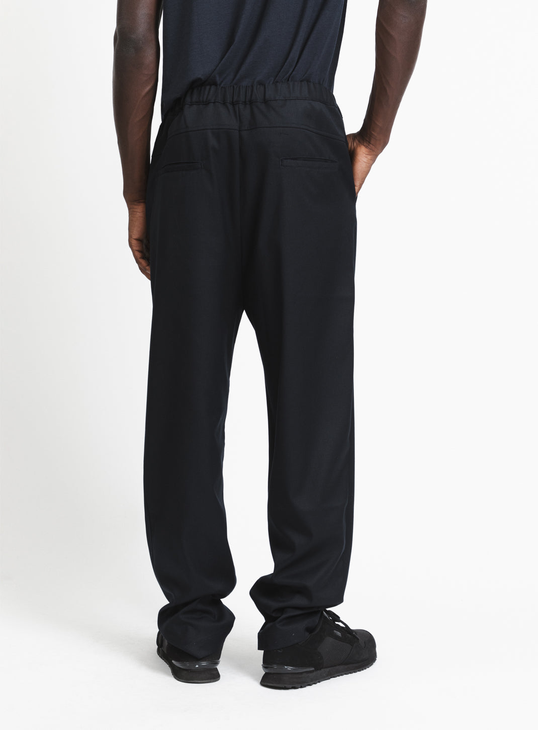 Elastic Waist Pants with Deep Pleats in Navy Blue Serge