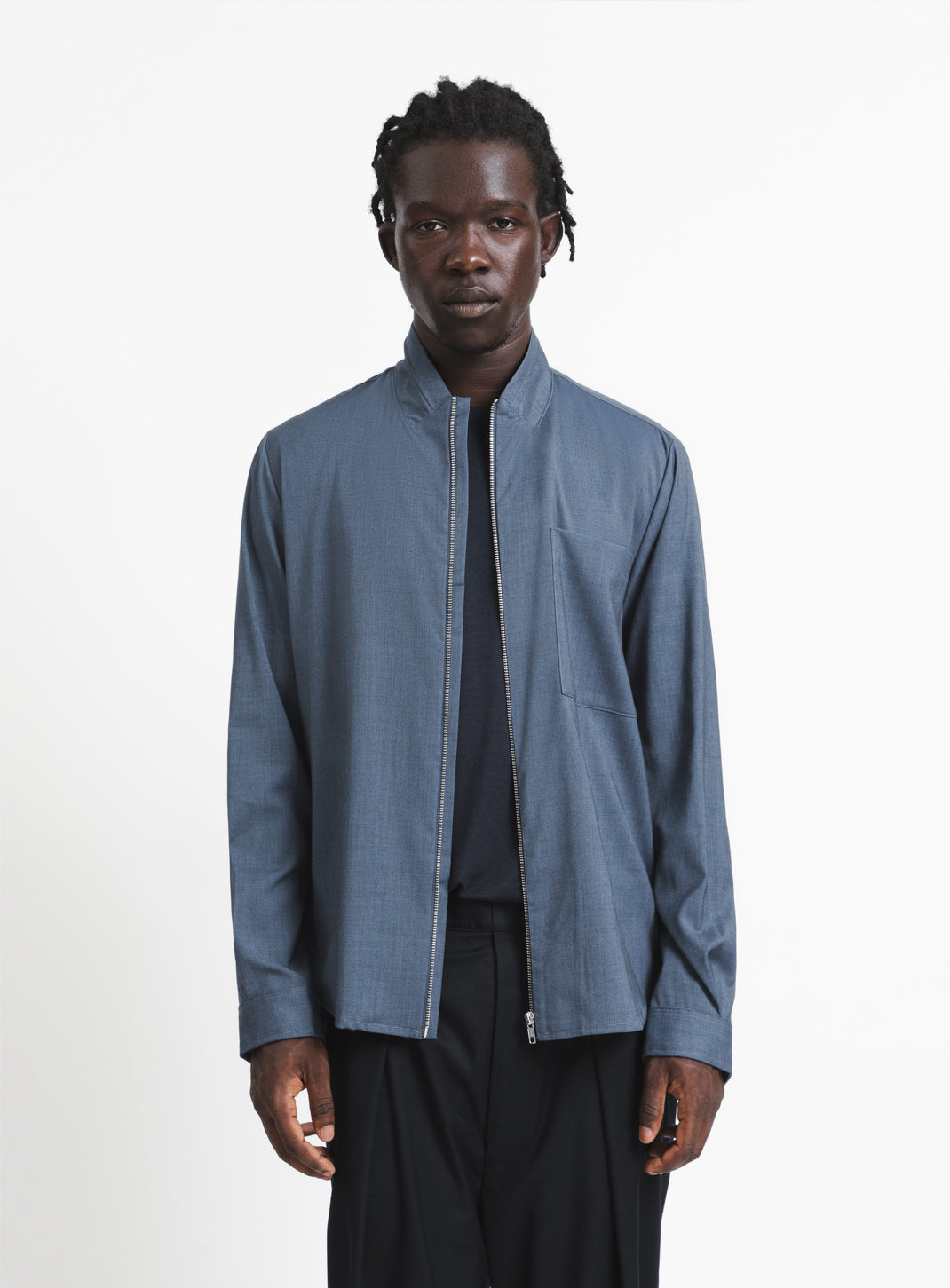 Zipped Double Collar Overshirt in Light Blue Twill