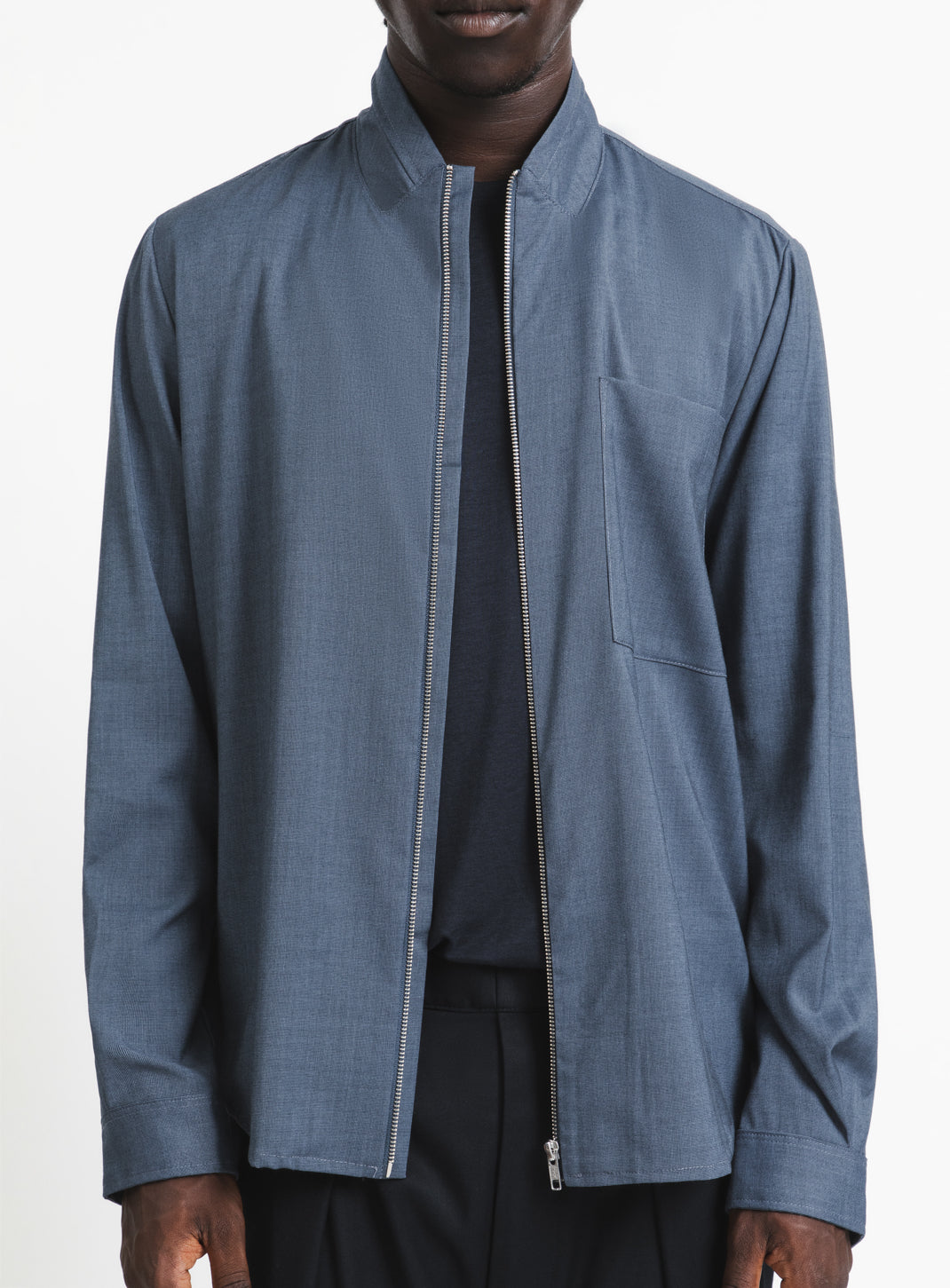 Zipped Double Collar Overshirt in Light Blue Twill