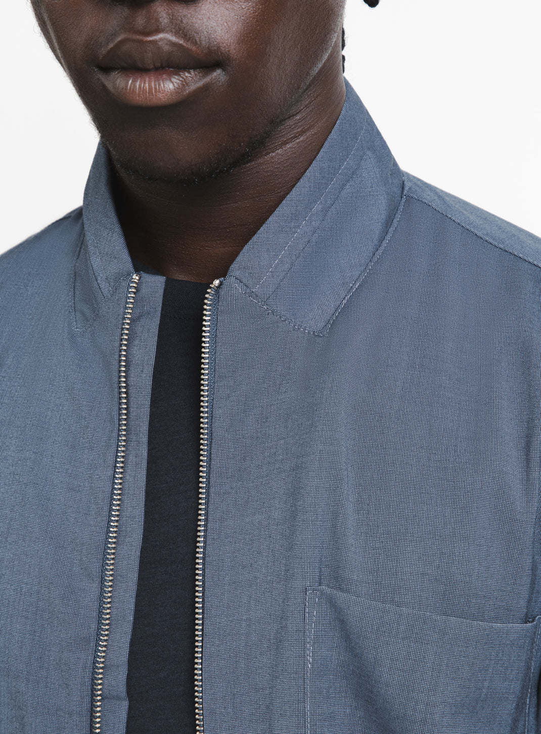Zipped Double Collar Overshirt in Light Blue Twill