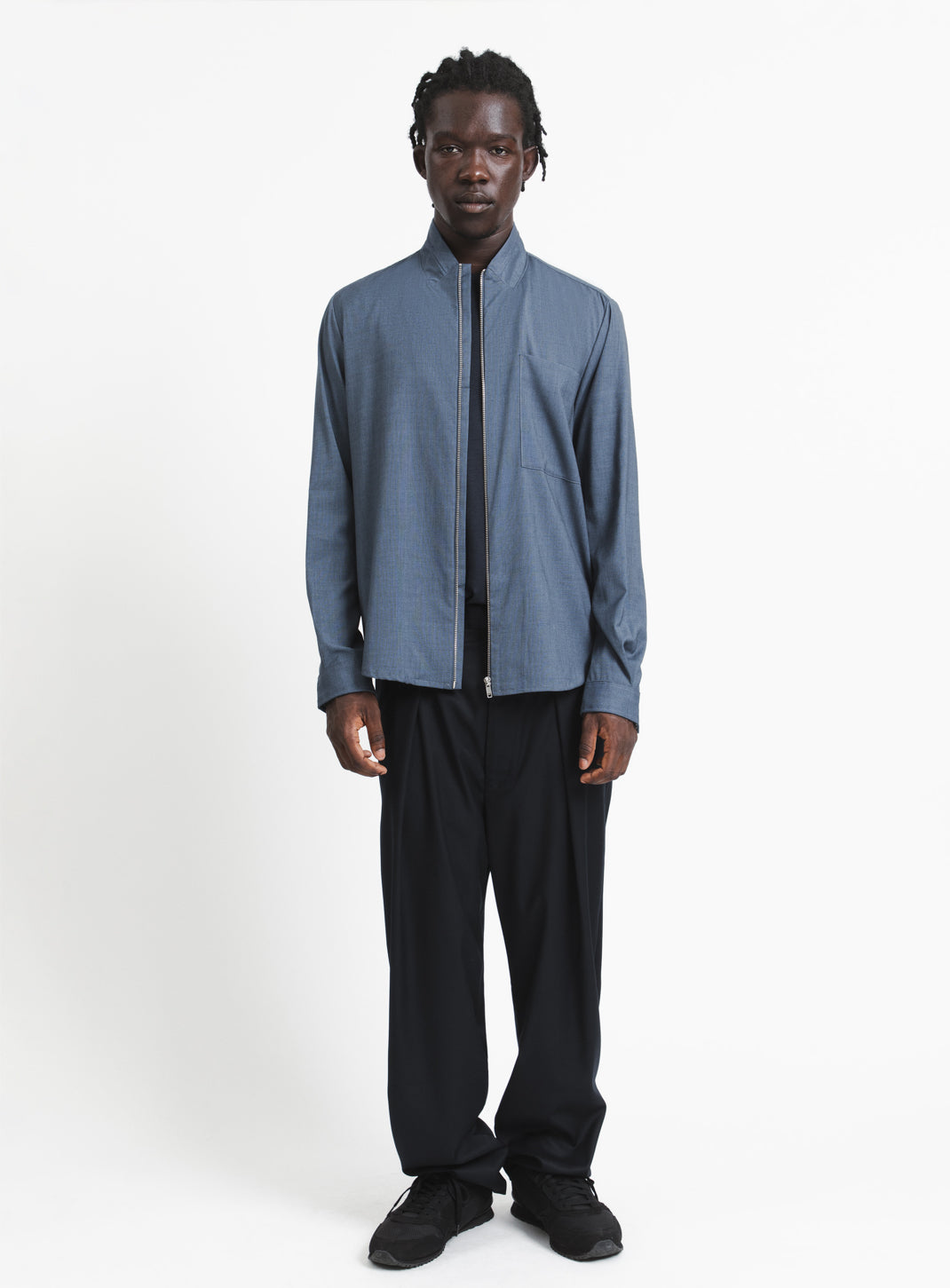 Zipped Double Collar Overshirt in Light Blue Twill