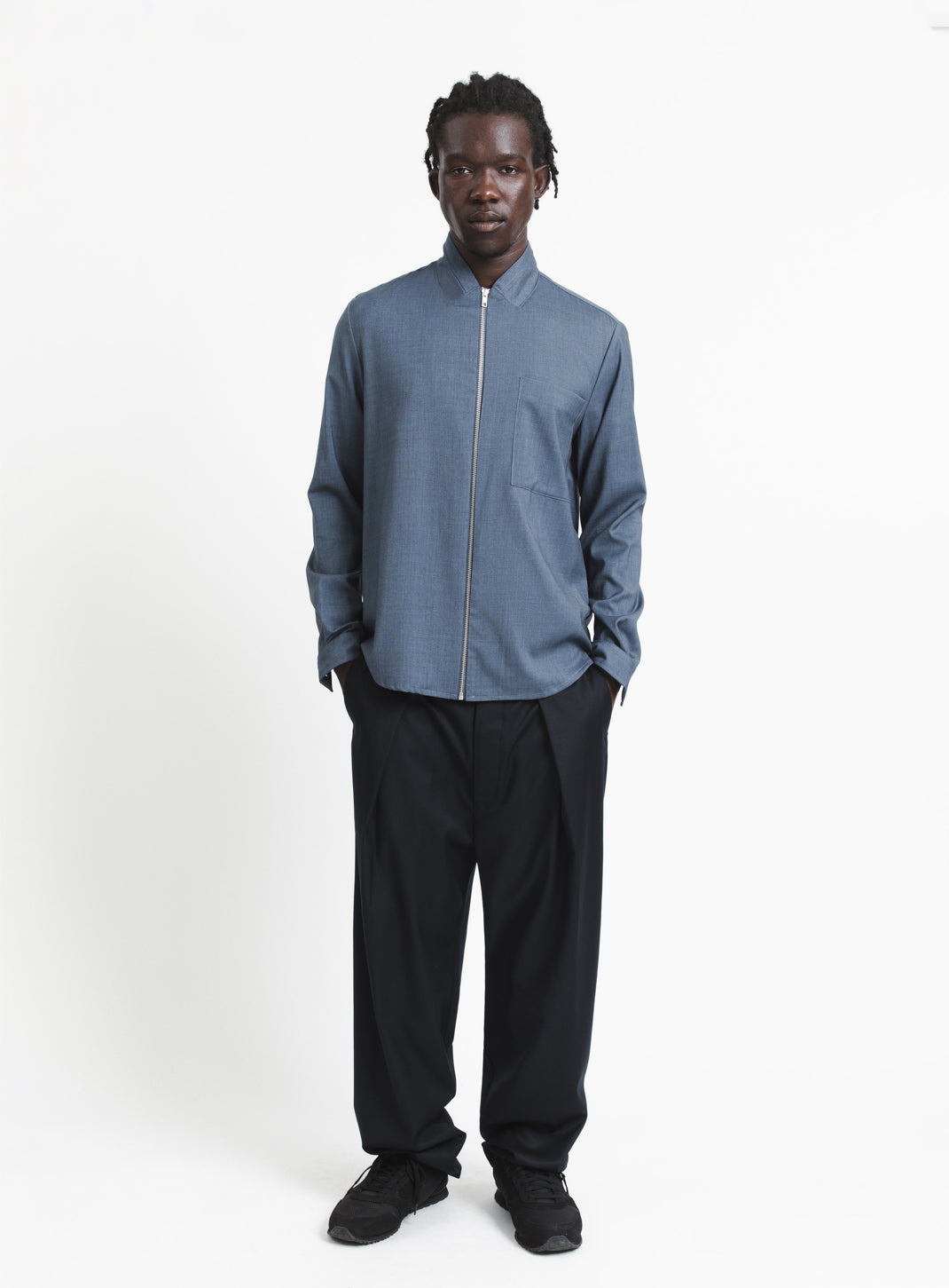 Zipped Double Collar Overshirt in Light Blue Twill