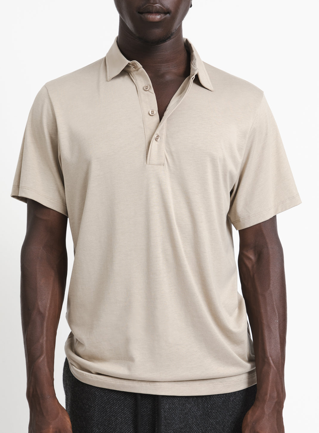 Pleated Tab Short Sleeve Poloshirt in Sand Eucalyptus & Cotton