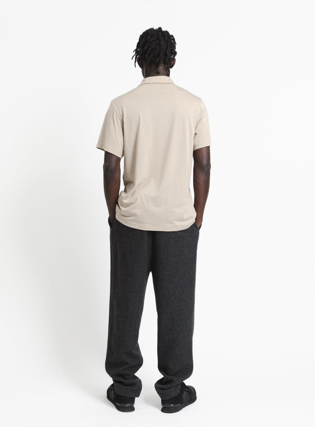 Pleated Tab Short Sleeve Poloshirt in Sand Eucalyptus & Cotton