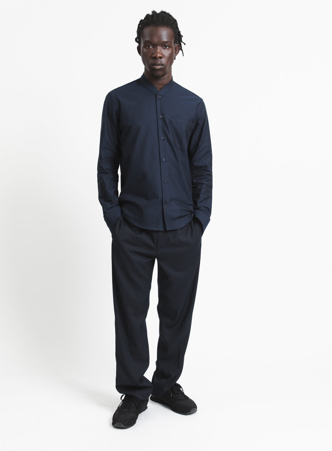 False Collar Shirt in Navy Blue Poplin