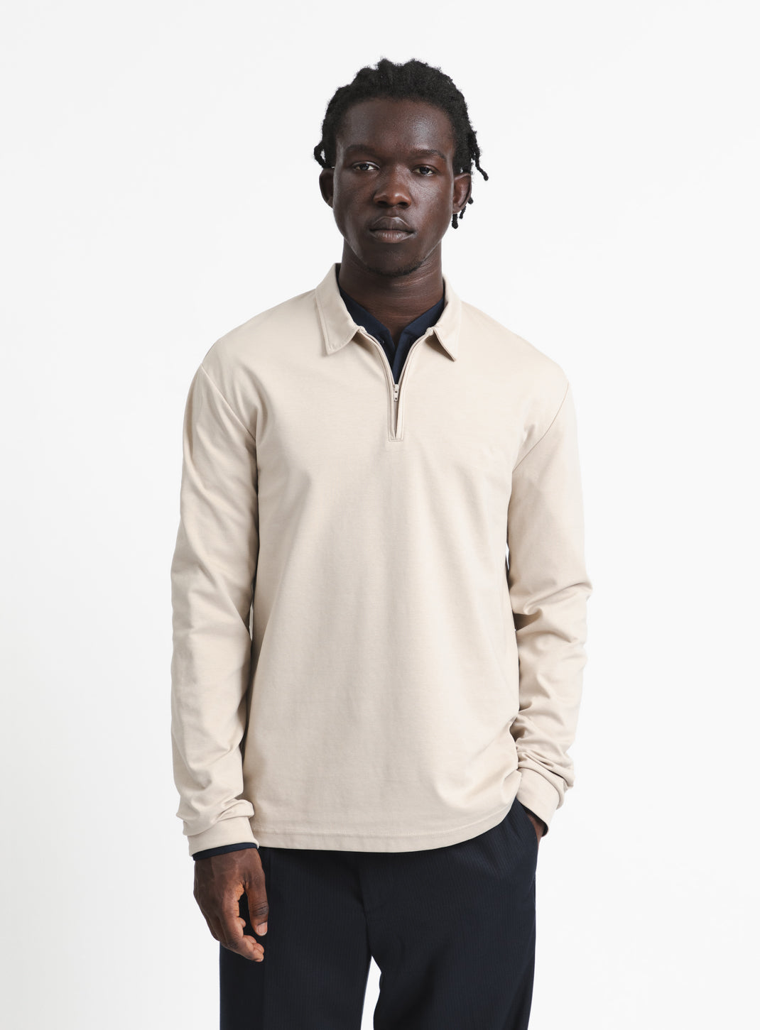 Long Sleeve Zipped Poloshirt in Beige Technical Knit