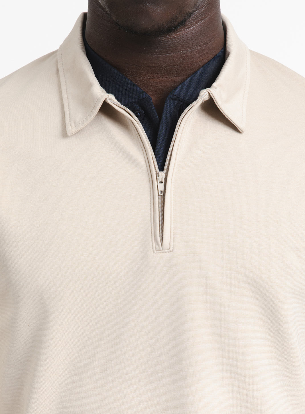Long Sleeve Zipped Poloshirt in Beige Technical Knit