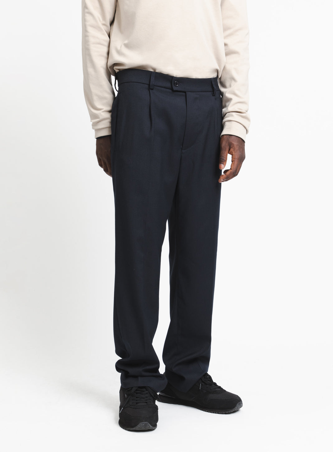 Pleated Pants with Looped Belt in Navy Blue Fine Stripe Serge