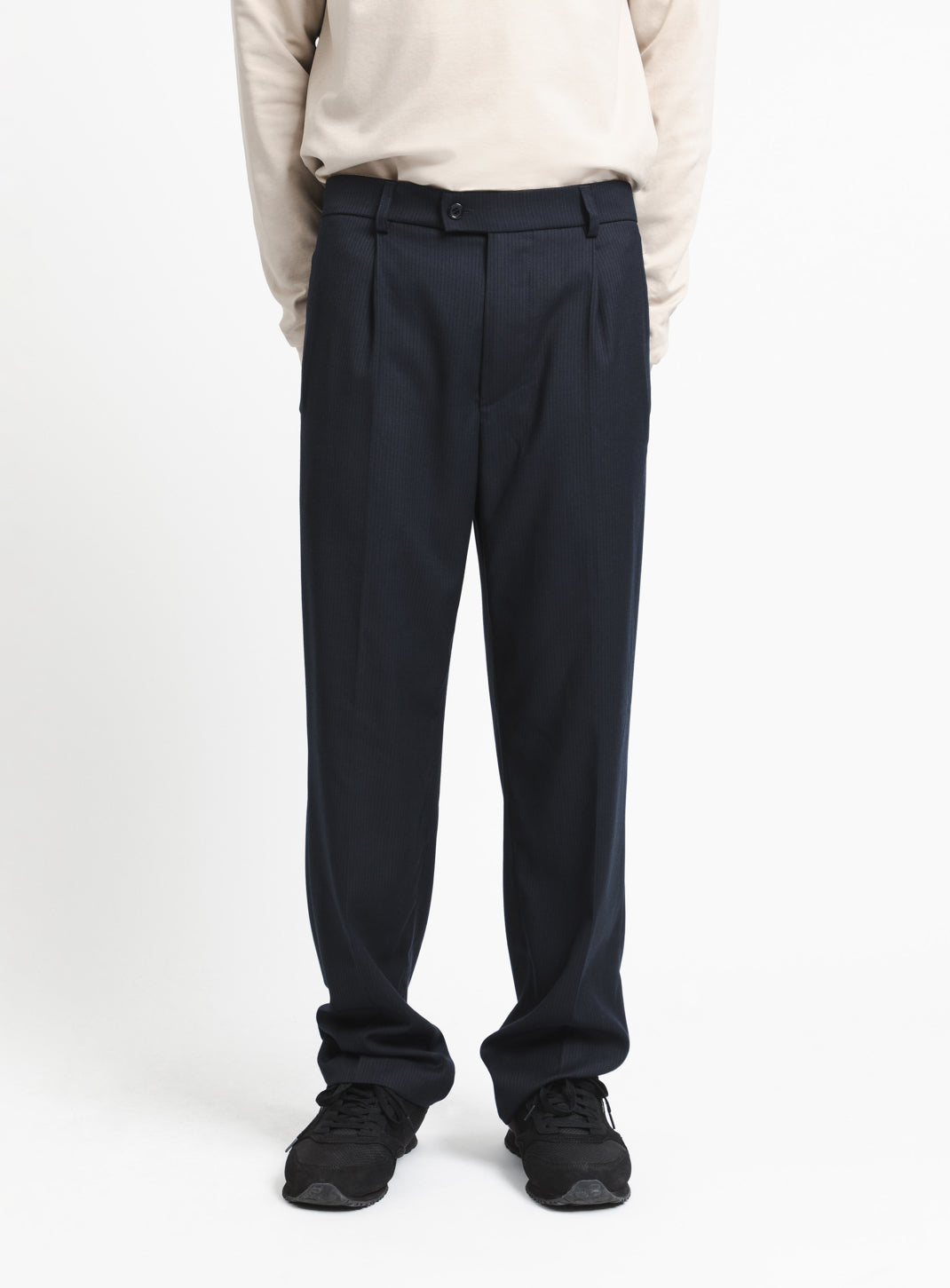 Pleated Pants with Looped Belt in Navy Blue Fine Stripe Serge